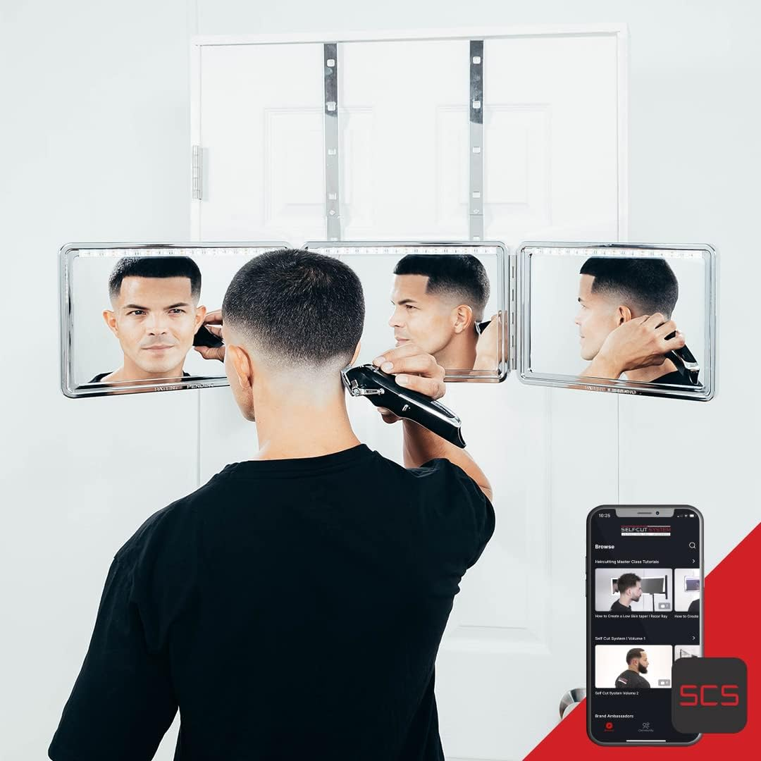 Self Cut System LED 3 Way Mirror for Self Hair Cutting, Trifold Barber Mirror with Height Adjustable Hooks, 360 View, Includes Free Educational Mobile App (Heaven Lights)