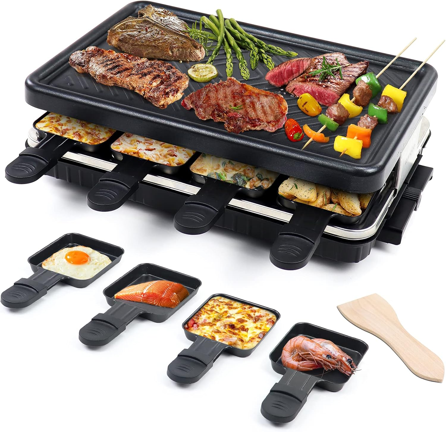 Electric Korean BBQ Indoor Grill Table Smokeless Portable Griddle Raclette Grill Nonstick with 8 Cheese Maker Pans Temperature Control & Dishwasher Safe 1300W Ideal for Parties and Family Fun