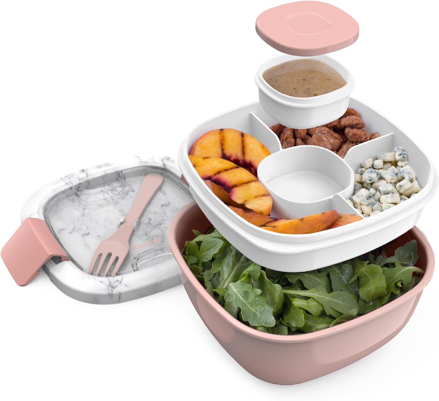 Bentgo Salad Container - 54 Oz Bowl with 4-Compartment Toppings Tray, Dressing Container, Reusable Fork, Bpa-Free Lunch Box for Meal Prep & Food Storage; Removable Bento Tray (Blush Marble)