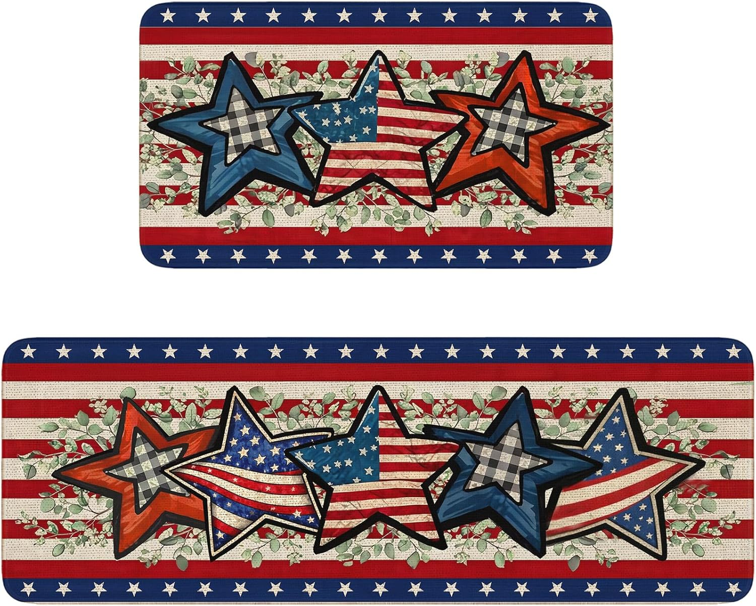 Patriotic 4th of July Kitchen Rug Set, Non-Slip Washable, 2 Sizes