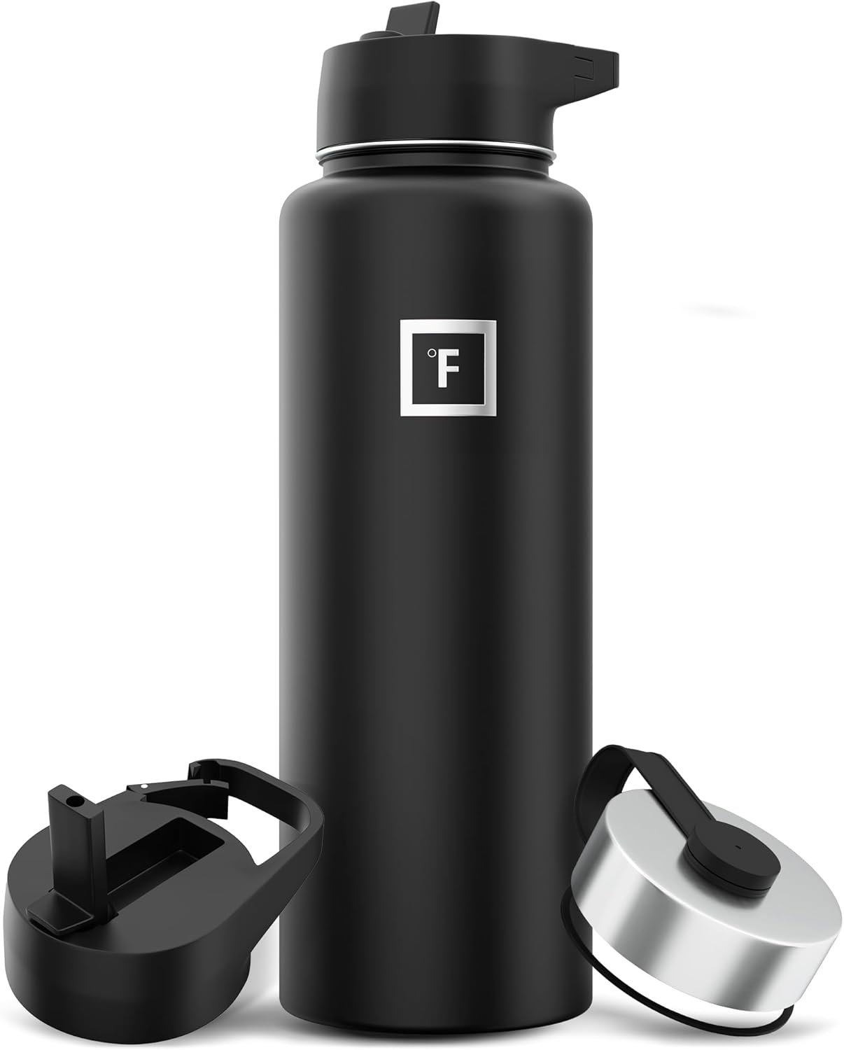 Camping & Hiking Hydration Flask with 3 Lids - Stainless Steel, Double Walled & Vacuum Insulated Water Bottle - Leak Proof & BPA Free (Midnight Black, Straw - 40 Oz)