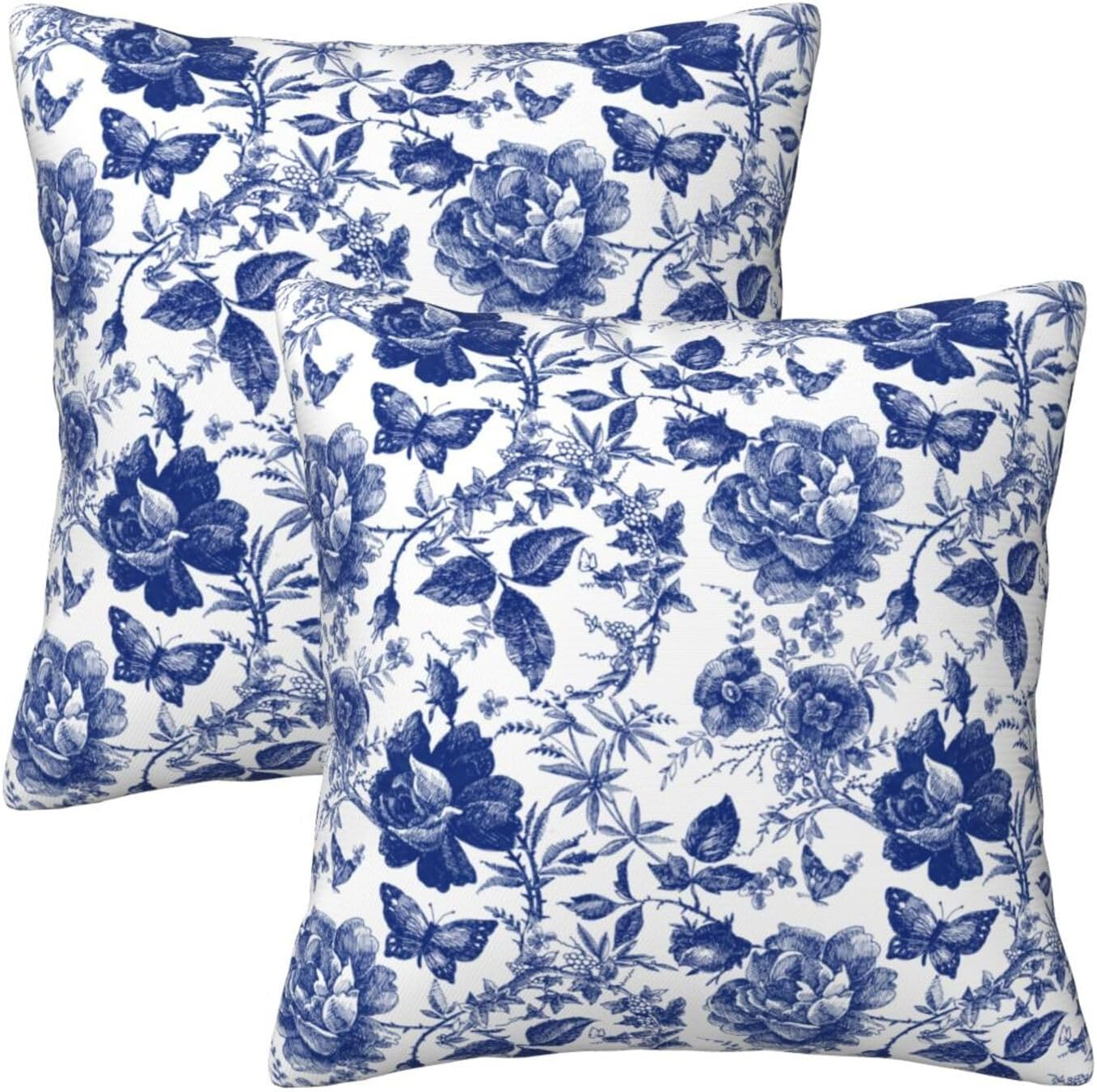 Blue and White Porcelain Floral Butterfly Pillow Covers 18X18 in Vintage Chinoiserie Couch Pillow Case Sets of 2 Modern Decorative Square Throw Pillows for Living Room Cushion