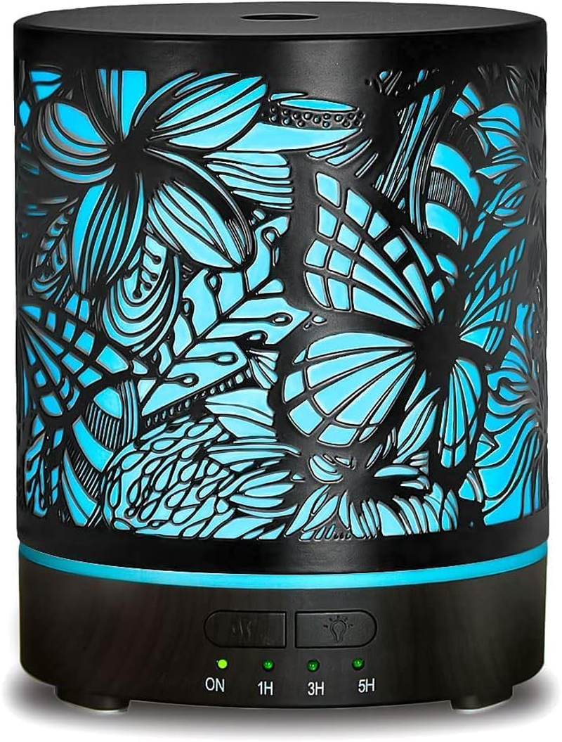 Essential Oil Diffusers 300ML Metal Aromatherapy Oil Diffusers for Large Room,Butterflies & Flower Ultrasonic Cool Mist Diffuser with Waterless Auto Shut-Off Protection, for Home Office SPA Yoga