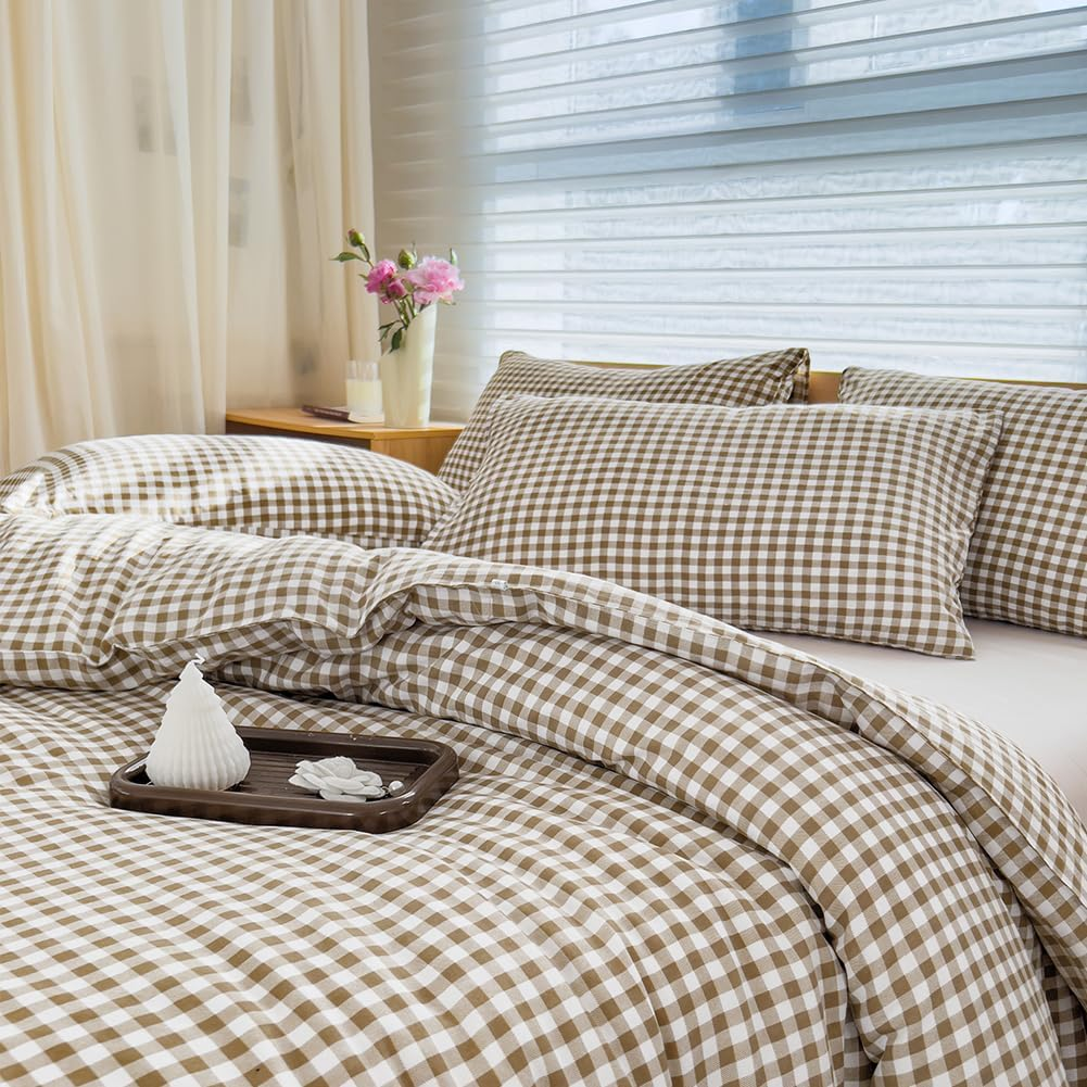Queen Comforter Set, Tan Gingham Bedding Comforter Sets, Brown Grid Bed Comforter 3 Pieces (1 Comforter, 2 Pillowcases)