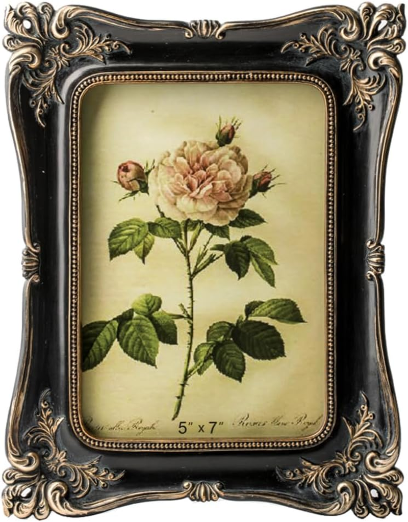 Vintage 5X7 Picture Frame Antique Photo Frame Table Top Display and Wall Hanging, Retro Home Decor, Ornate Photo Gallery Art (Black and Gold)