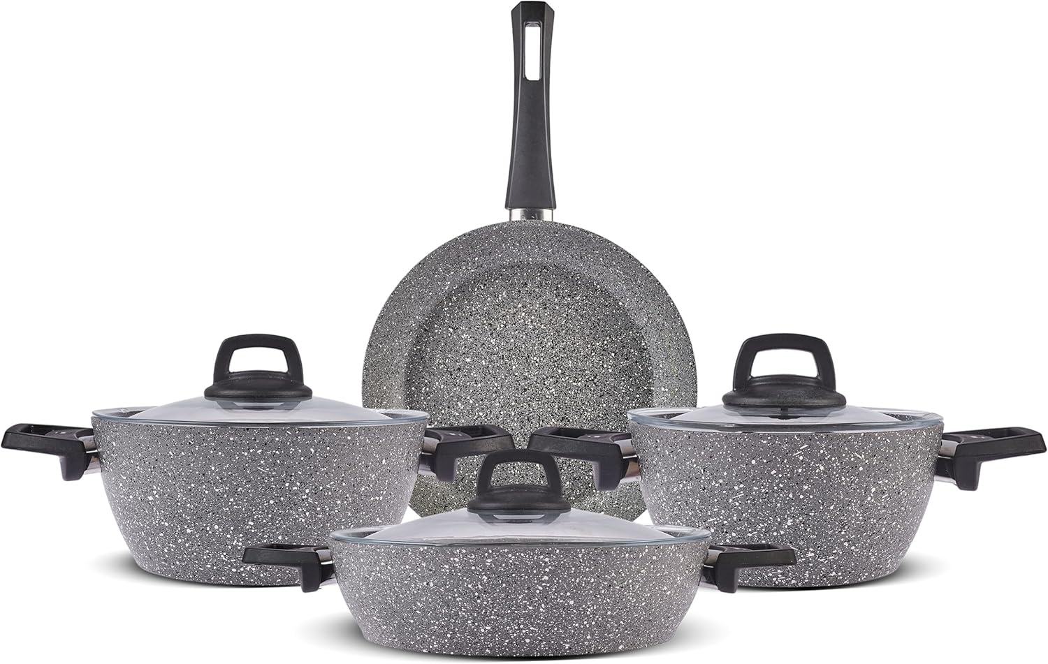 Karaca Gris Biogranite 7-Piece Pots and Pans Sets Non Stick, Induction Cookware Set with Lids, Durable, Scratch-Resistant, Pfoa-Free, Dishwasher Safe Cooking Pots, Casserole & Fry Pan, Grey