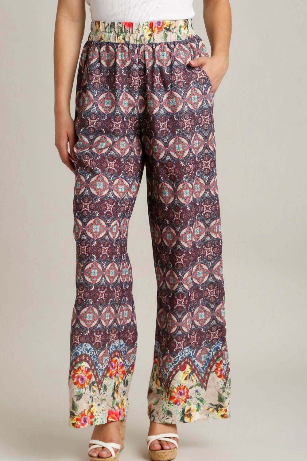 Umgee Full Size Mixed Print Elastic Waistband Pants plus Size