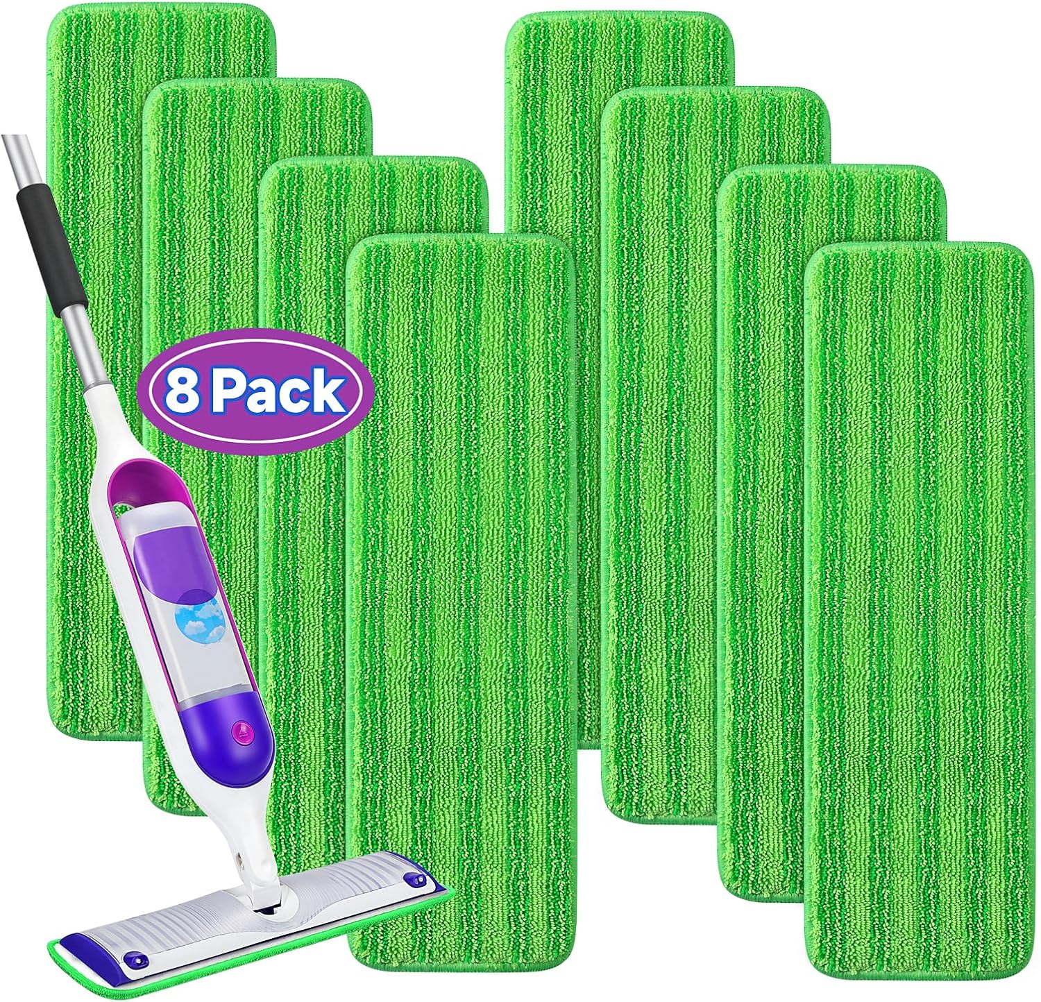 8 Pack Reusable Mop Pads Compatible for Swiffer Powermop,Microfiber Mop Pads for 13-15'' Spray Mop, Floor Mop Pads Refills for Swiffer, Machine Wash,Green(Not Included Mop)