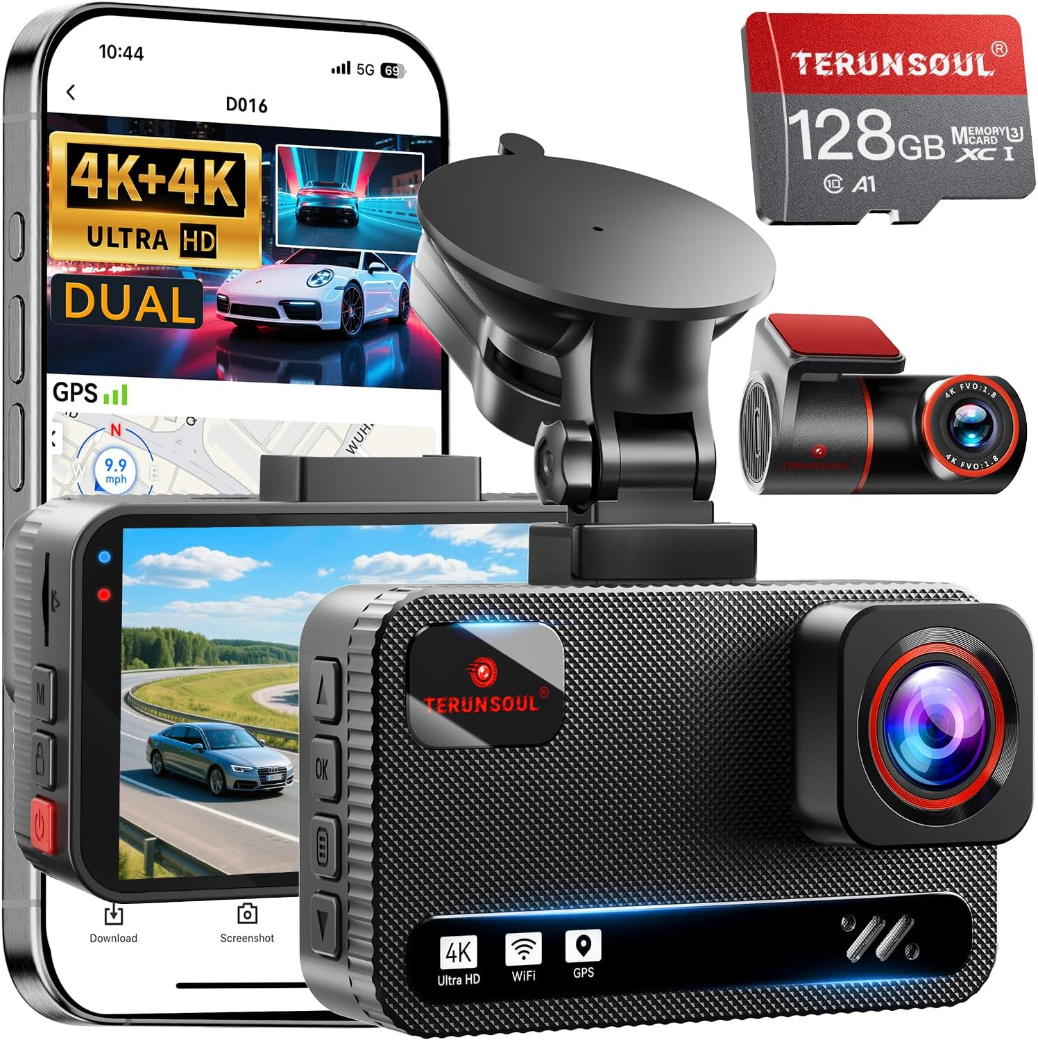 4K+4K Dash Cam Front and Rear, Free 128GB Card Included, 5.8Ghz Wifi Dash Camera for Cars, Built-In GPS, G-Sensor, 170°Wide Angle, 3