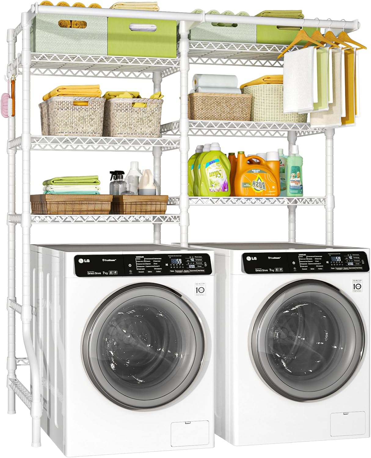 U13 over Washer and Dryer Storage Shelves, 6 Tiers Laundry Room Standing Shelf with 2 Hanger Rods, Space Saver Clothes Drying Rack, 63.4
