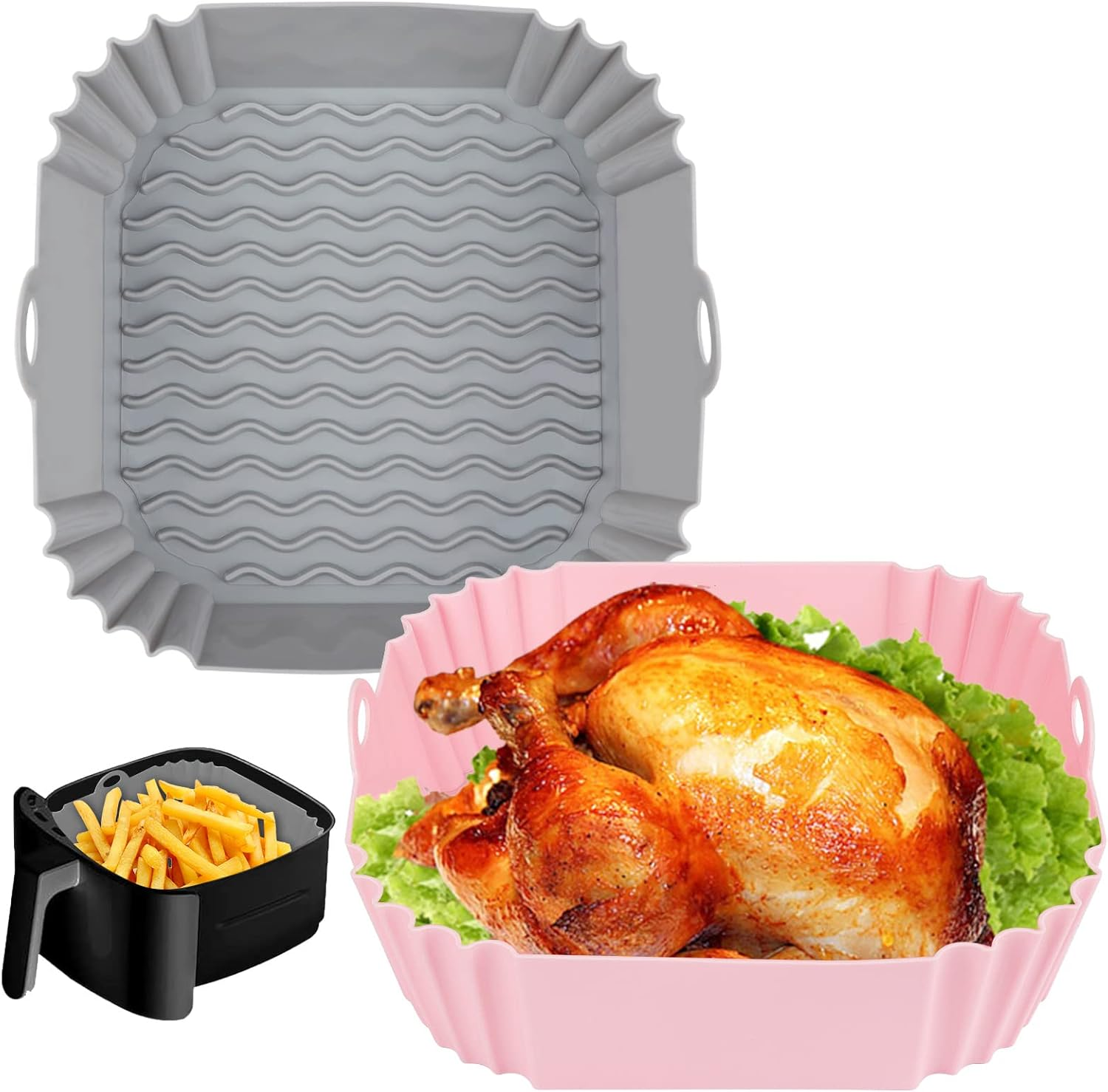 2 PCS Square Silicone Air Fryer Liners - 8 Inch Air Fryer Reusable Liners - Kitchen Accessories - Airfryer Inserts for 4 to 7 QT Oven Microwave Accessories (Grey + Pink)