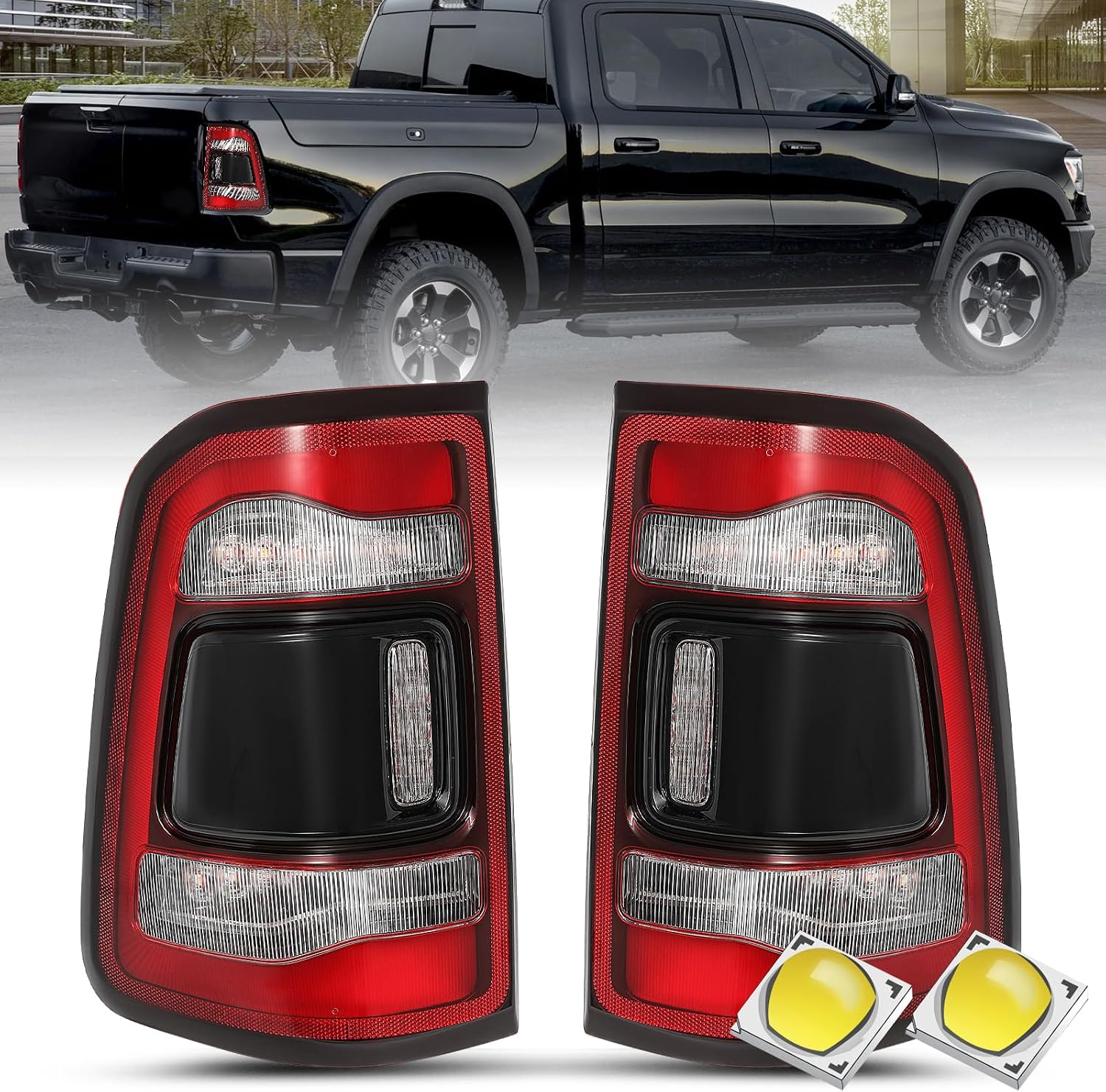 LED Tail Light Assembly Compatible with 2019-2024 Dodge Ram 1500 without Blind Spot Model, Rear Brake Light Black Smoke Lens Tail Lamps Driver and Passenger Side