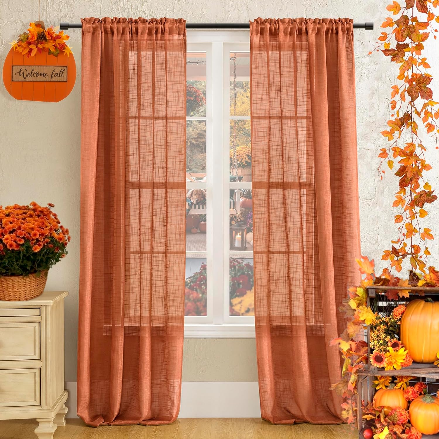 Burnt Orange Curtains 2 Panels,Sheer Linen Fall Curtains for Living Room Bedroom Window 84 Inches Long,Dark Orange
