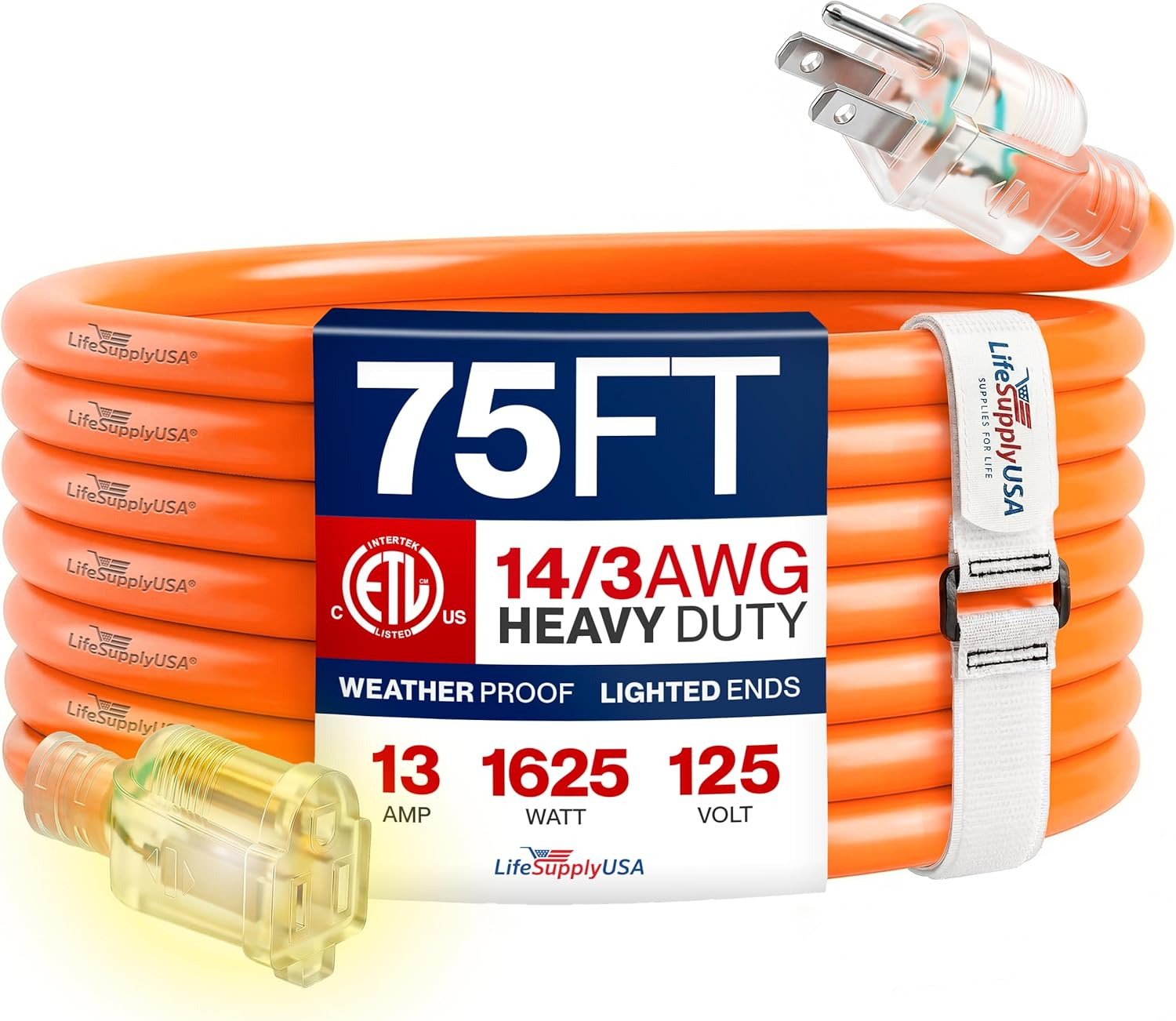 75Ft Outdoor/Indoor Extension Cord 14/3 Gauge Heavy Duty 3 Prong SJTW, Waterproof, ETL Listed, Flexible Cold-Resistant Long Power Cord,13A 125V 1625W, Orange by
