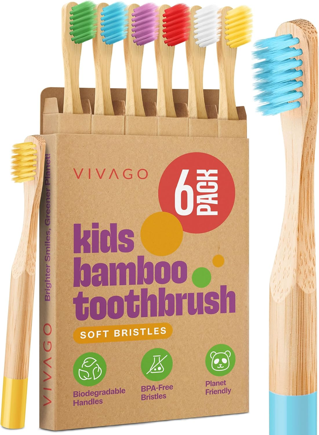 VIVAGO Kids Toothbrush with Soft Bristles 6 Pack - Toddler Toothbrush with Colorful Bamboo Handles // Kids Bamboo Toothbrushes // Kid Tooth Brush // Childrens Toothbrushes Set