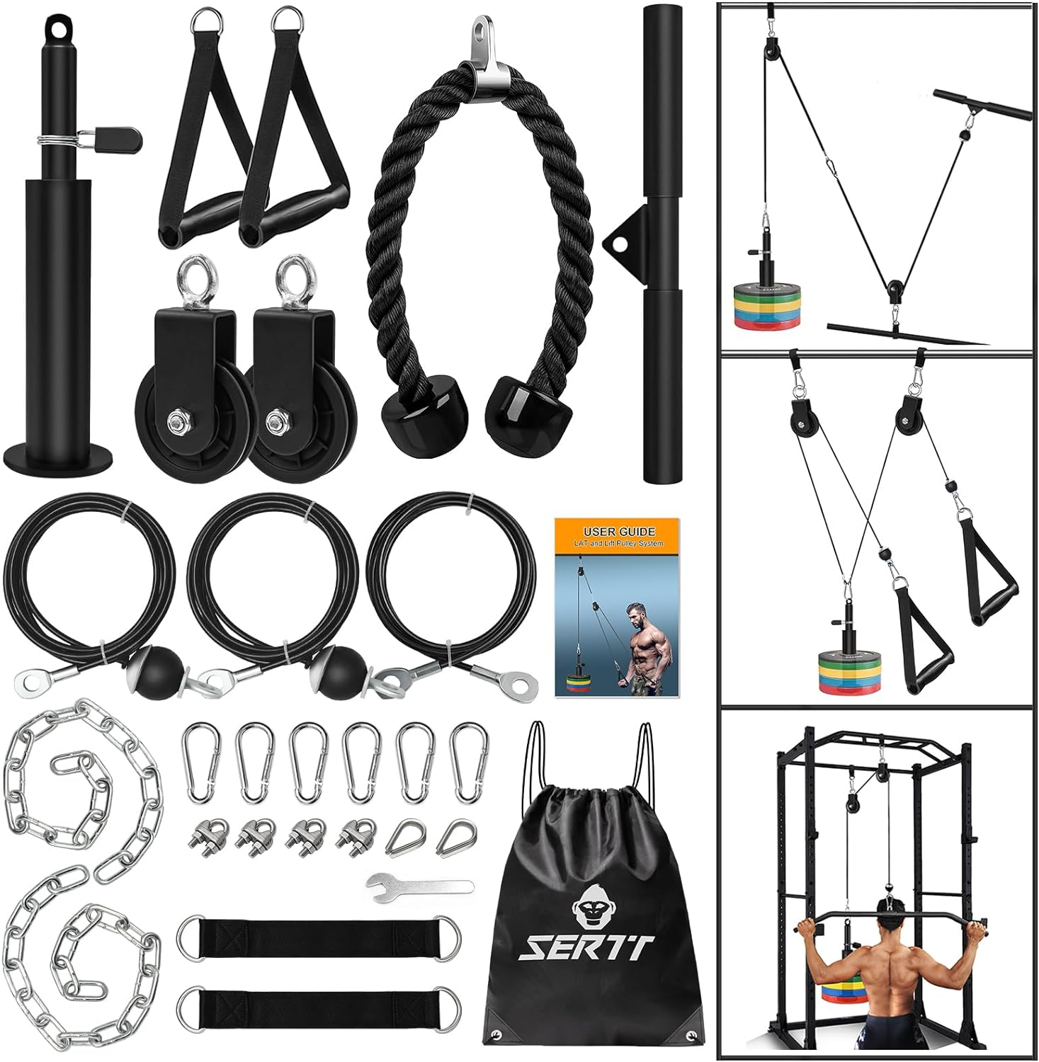 SERTT Weight Cable Pulley System Gym, Upgraded Cable Pulley Attachments for LAT Pull Down, Biceps Curl, Tricep, Arm Workouts - Home Gym Add on Equipment