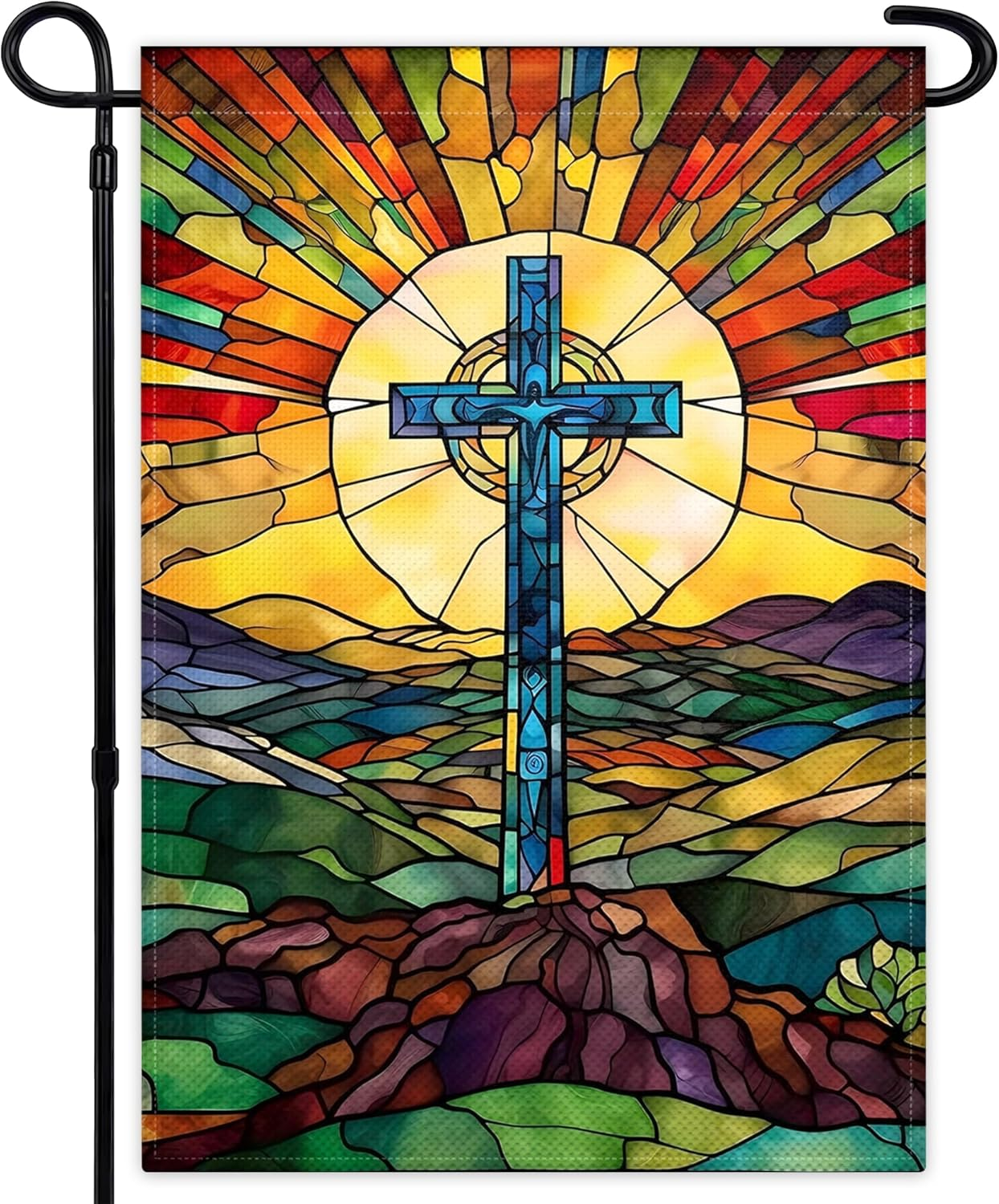 Christian Cross Religious Garden Flag 12X18 Inch Double Sided Jesus Stained Glas