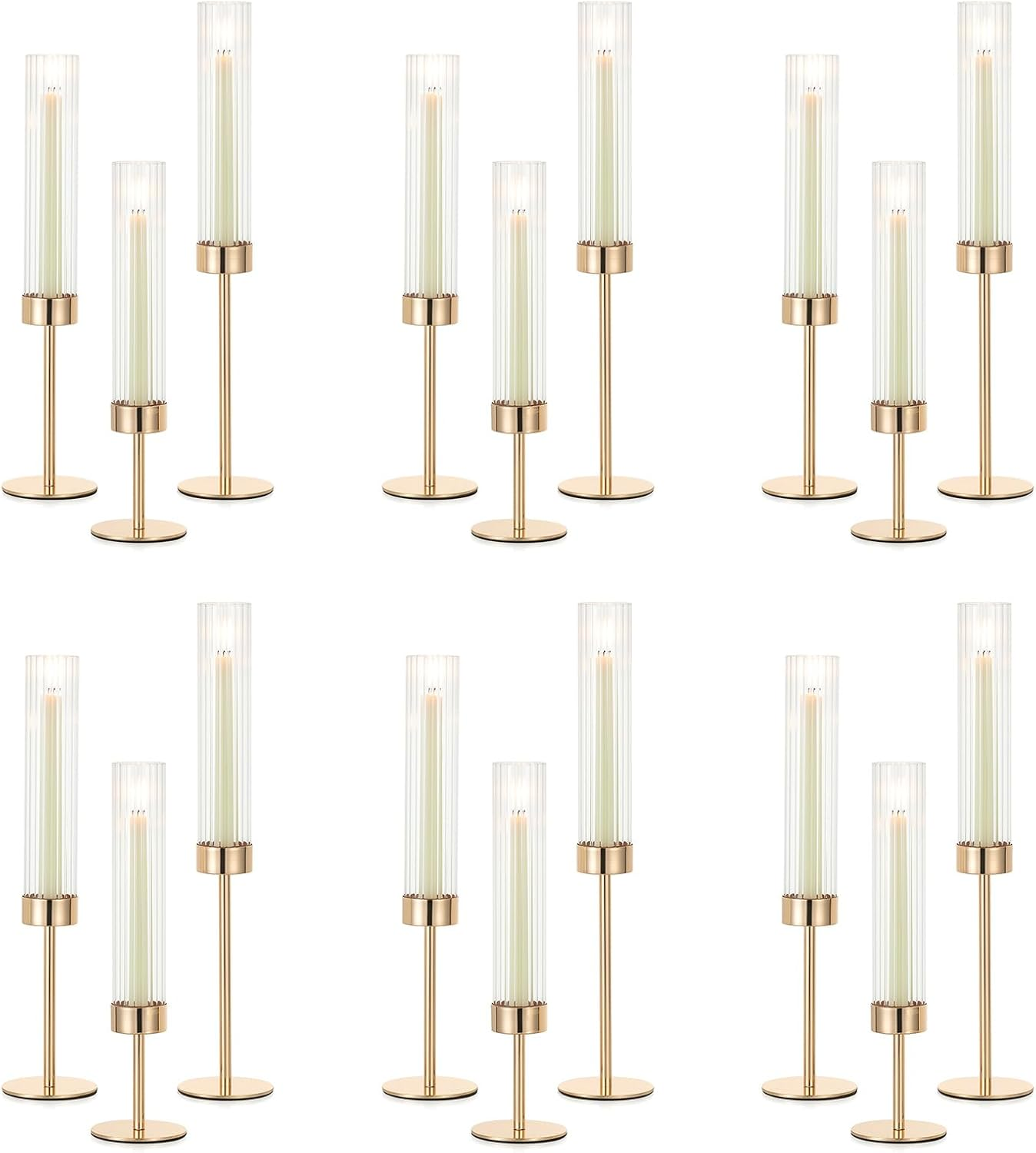 NUPTIO Hurricane Glass Candles Holder: 18 Pcs Gold Taper Candle Stick Holder Bulk - Modern Candlestick Decor with Tall Ribbed Chimney Sleeve for Thanksgiving Christmas Centerpiece