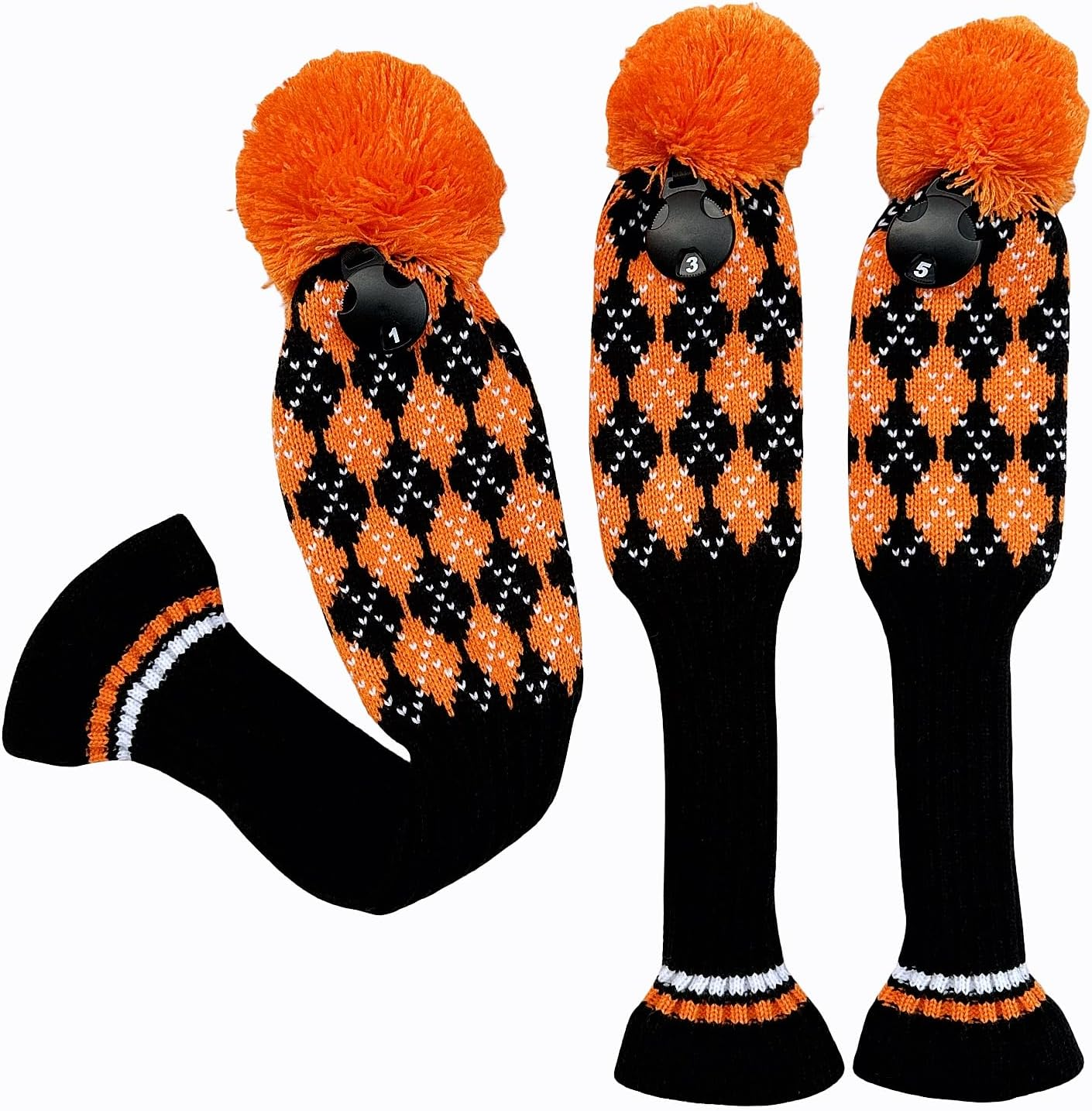 3Pcs Knit Golf Club Head Covers,Golf Driver 3 5 Fairway Woods Covers, Pom Pom Golf Wood Headcovers Covers for Driver, 3 5 Woods - Orange