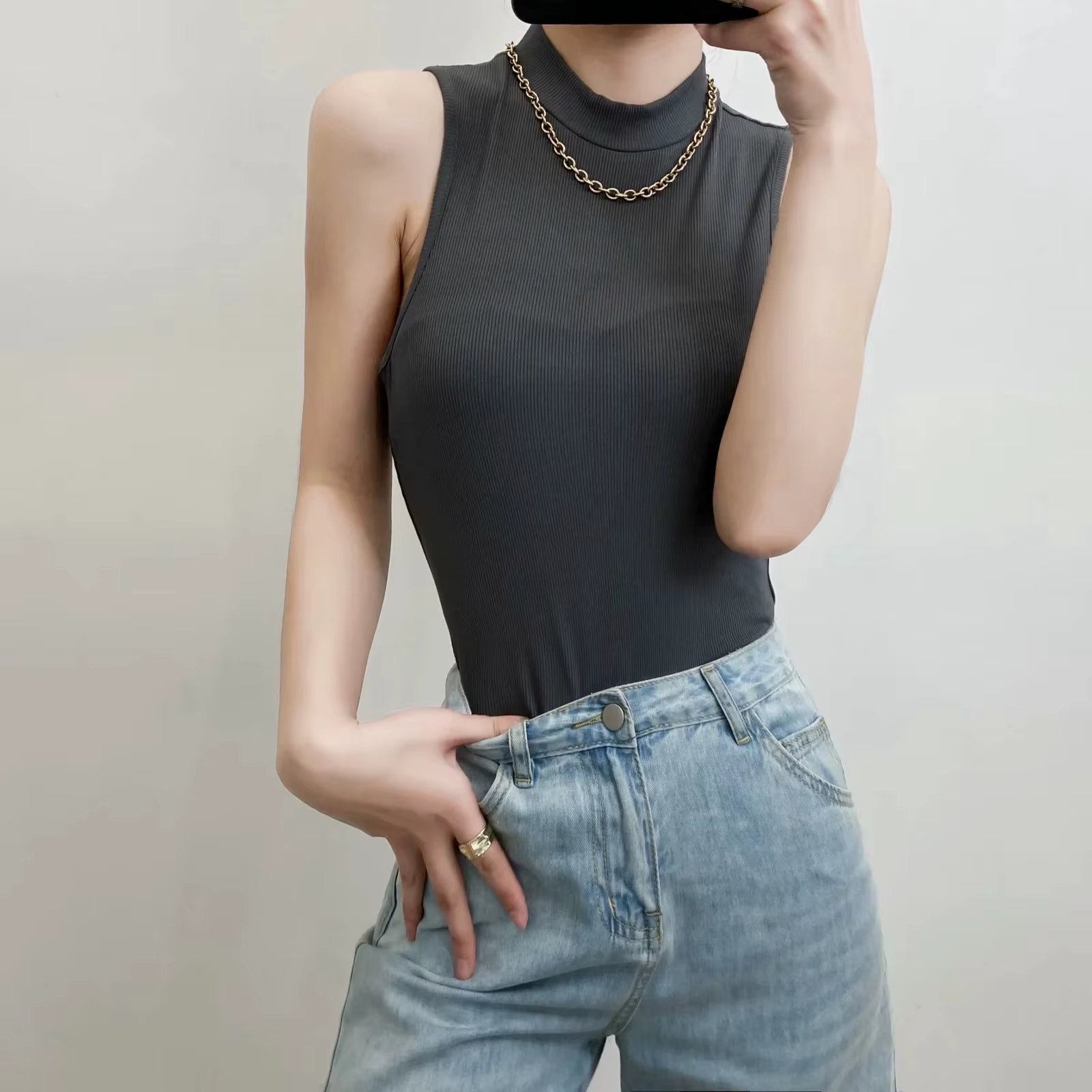 Pit Cotton Sleeveless Half High Neck Bodysuit Summer Formal One-Piece T-Shirt with Leggings Skinny Fit and Solid Color