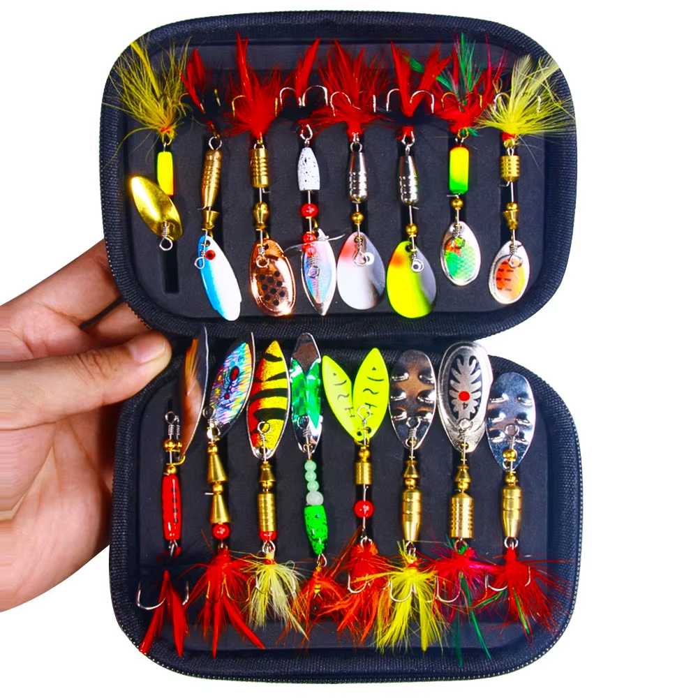 16 pieces rotation spinnerbait spoon in metal spinner fishing lure hard bait with triple hooks with spinnerbait bag