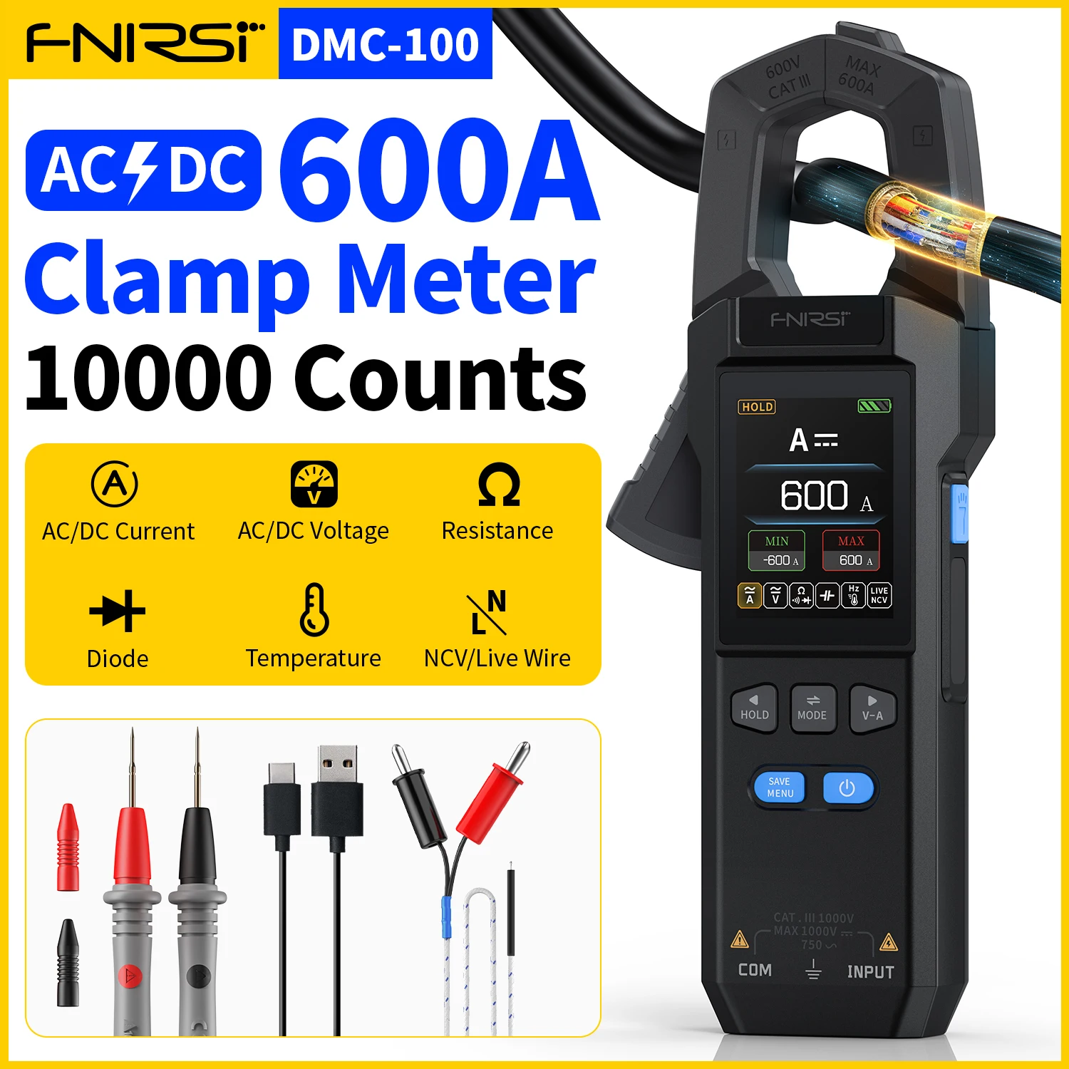 DMC-100 DC AC Current Clamp Meter 10000 Counts Digital Multimeter 600A Amperimetric Clamp Tester NCV Electrician Tools