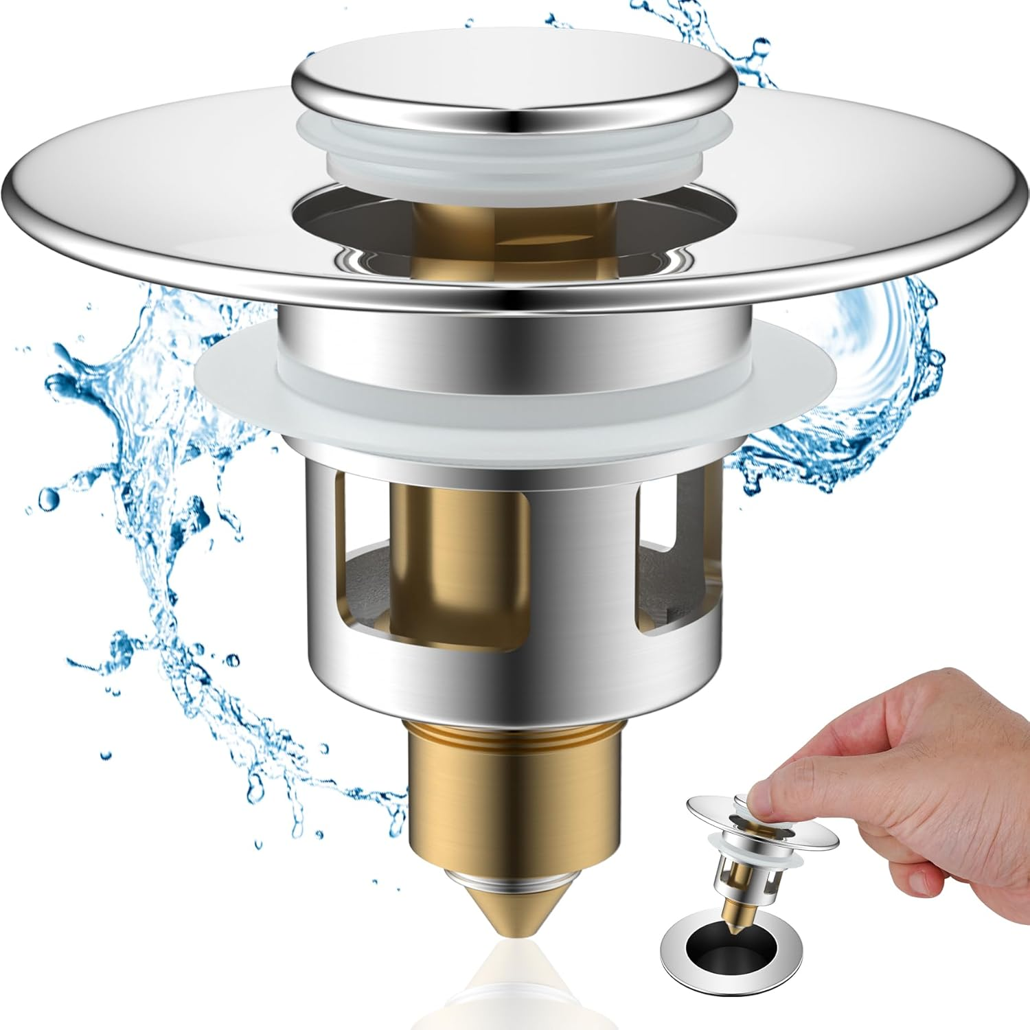 All Metal Universal Bathroom Sink Stopper for 1.1''~2.3'' Basin, Pop Up Sink Drain Strainer, Brass Bullet Core Push Type Stopper, Stainless Steel Anti Clogging Drain Filter, Chrome