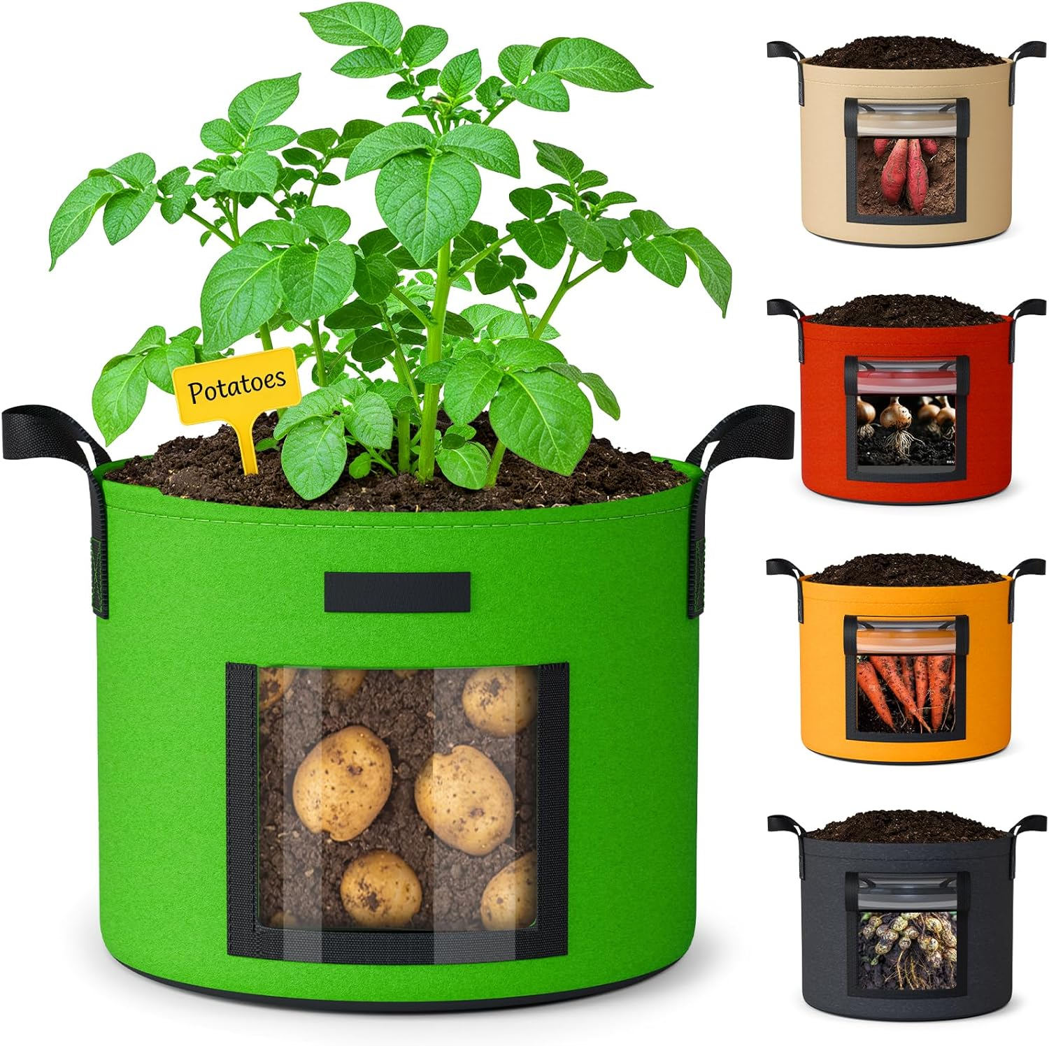 10 Gallon Potato Grow Bags: Set of 5 Colorful Gardening Supplies Fabric Pots with Harvest Window Reinforced Handles - Planting Container for Vegetable Tomatoes Carrot Flowers Balcony Patio Use