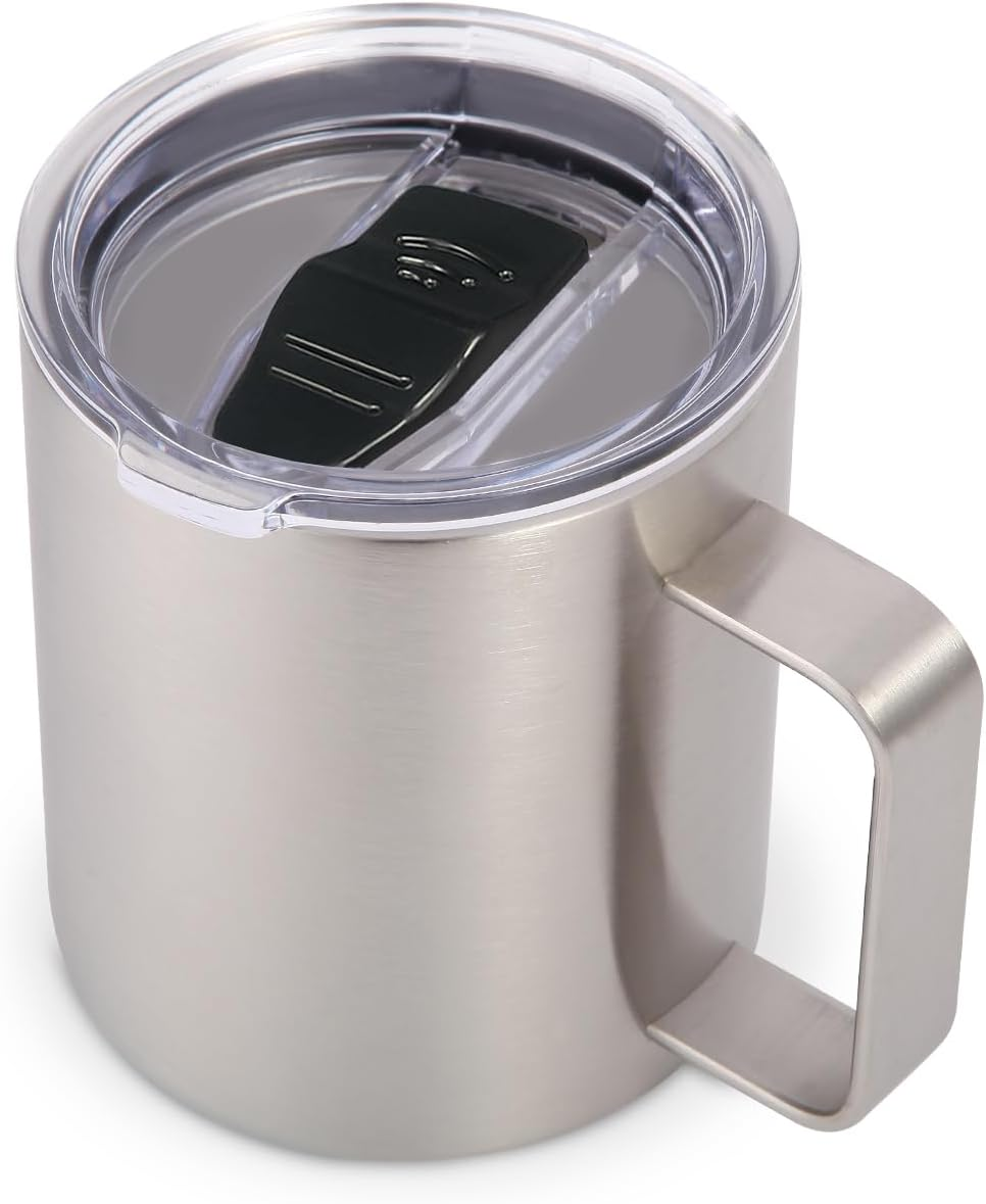 14oz Insulated Stainless Steel Coffee Mug with Leakproof Lid,Double Wall Vacuum Travel Coffee Cup with Handle,Reusable Metal Cups Tumbler,Camping Mugs Keep Hot,Ideal Gifts(Silver,1)