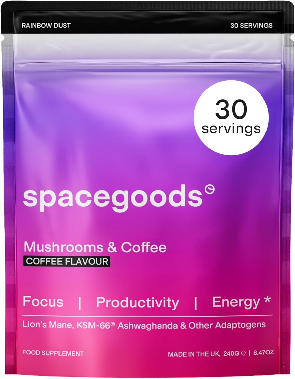 Spacegoods Rainbow Dust 240G | 30 Servings | Coffee | Flavoured Mushroom Coffee | 120Mg of Natural Caffeine | Lions Mane, Chaga, Ashwagandha & Vitamin B5| Sharper Focus & Energy