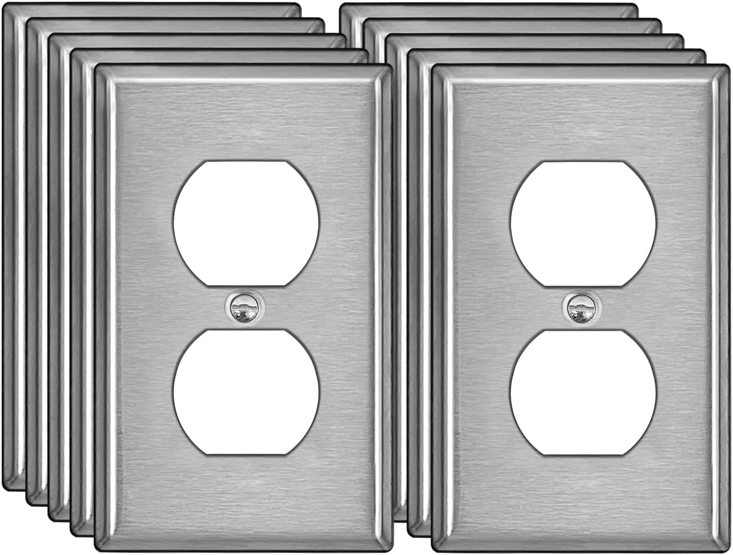 10 Pack 1-Gang Duplex Metal Wall Plate with Protective Film, Corrosion-Resistant Stainless Steel Outlet Cover, Heavy Duty Receptacle Faceplate with Brushed Finish, Standard Size, Silver