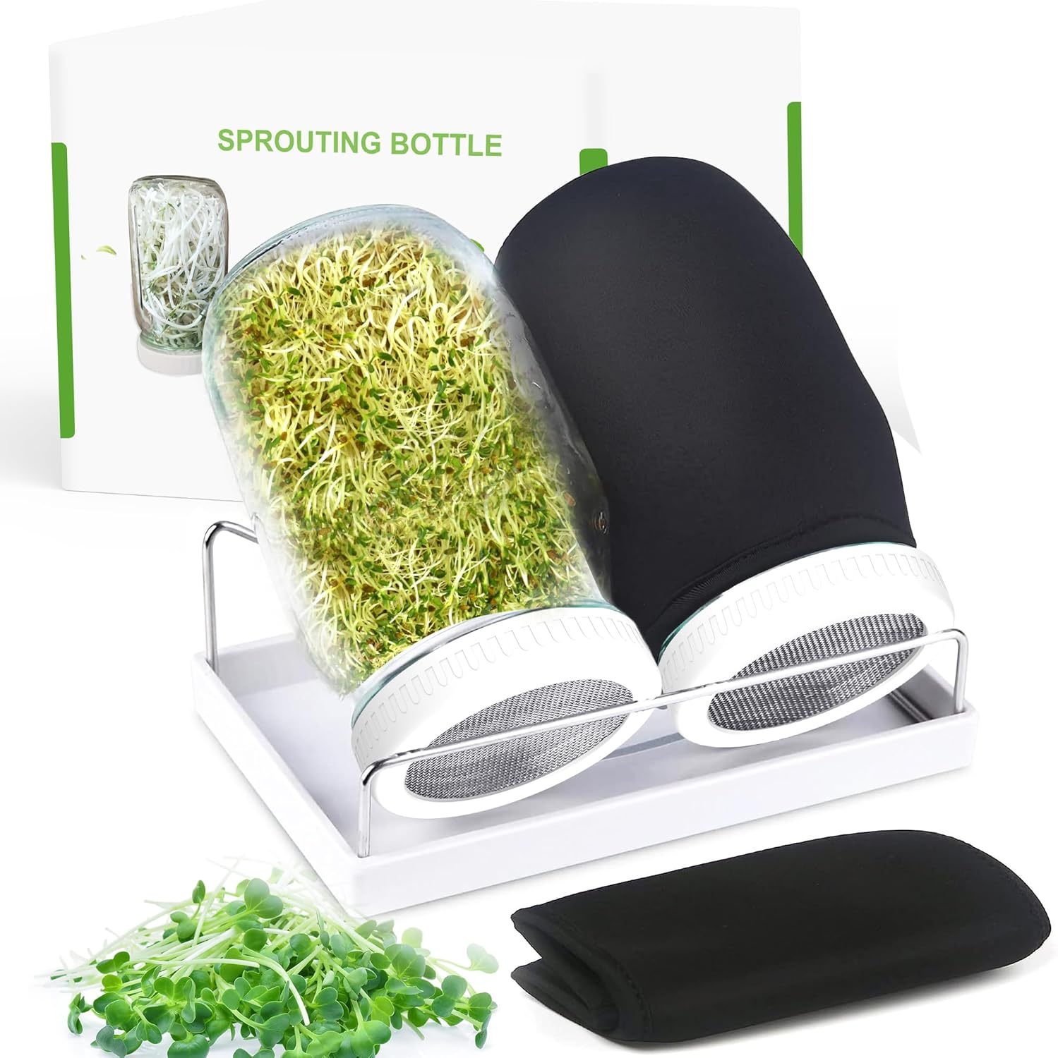 Organic Seed Sprouting Jar Kit – 2 × 32 Oz Wide-Mouth Mason Jars with Stainless-Steel Sprouter Lids & Stand, Blackout Sleeves, Drain Tray – Grow Broccoli, Alfalfa & Bean Microgreens