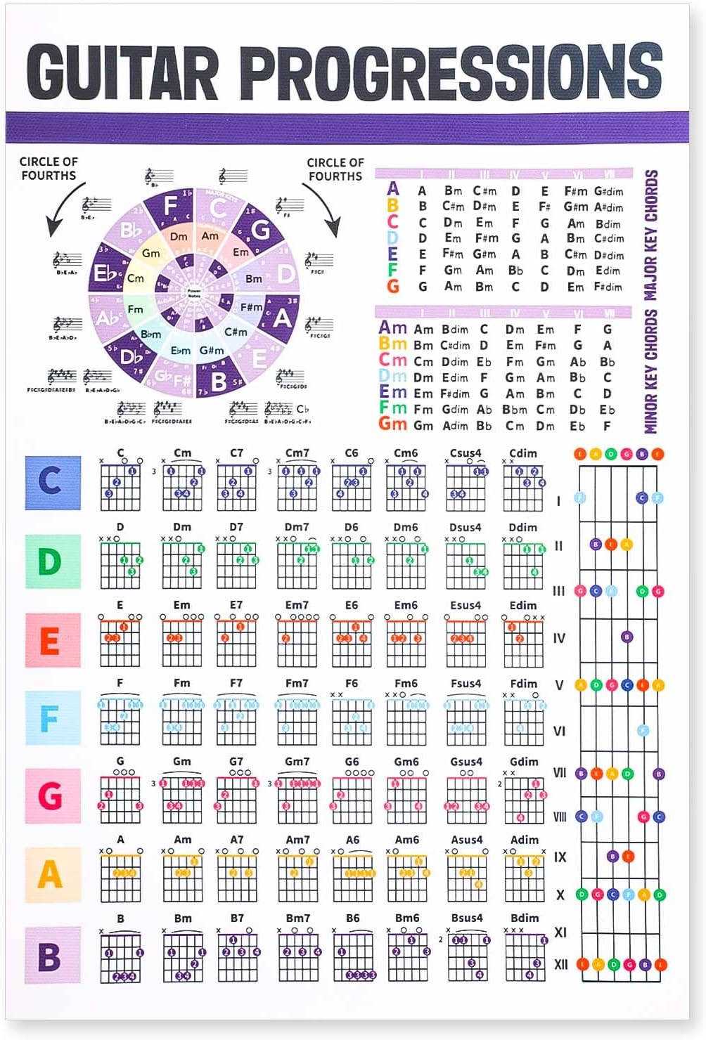 Guitar Chord Chart Laminated Guitar Fretboard Poster The Circle of Fifths Poste