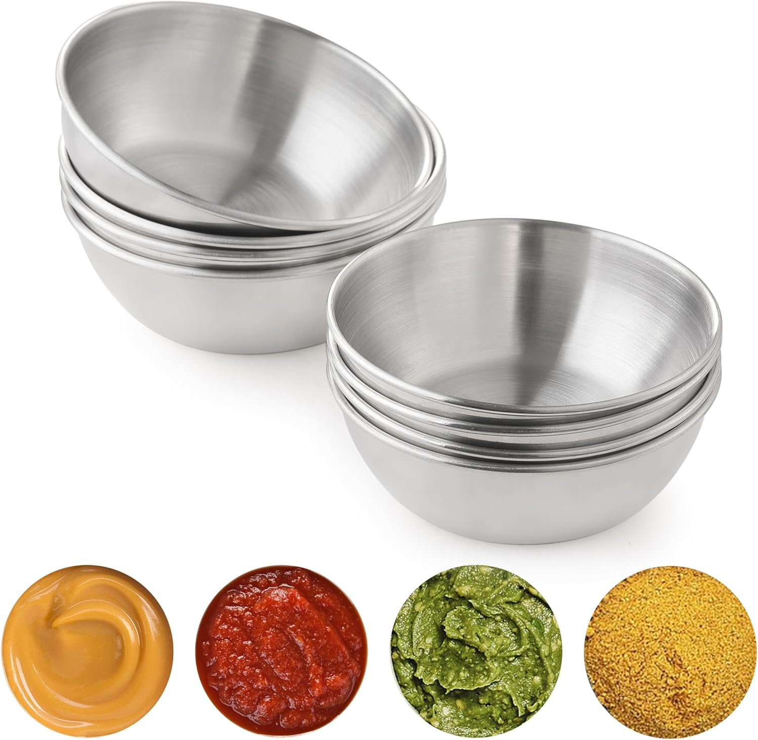 8 PCS Stainless Steel Mini Soy Sauce Dish, Small Individual Round Seasoning Bowls, Dipping Sauce Bowl, Ingredient Bowls for Prep Appetizer Plates, (4PCS 3.5 inch & 4PCS 3.2 inch)