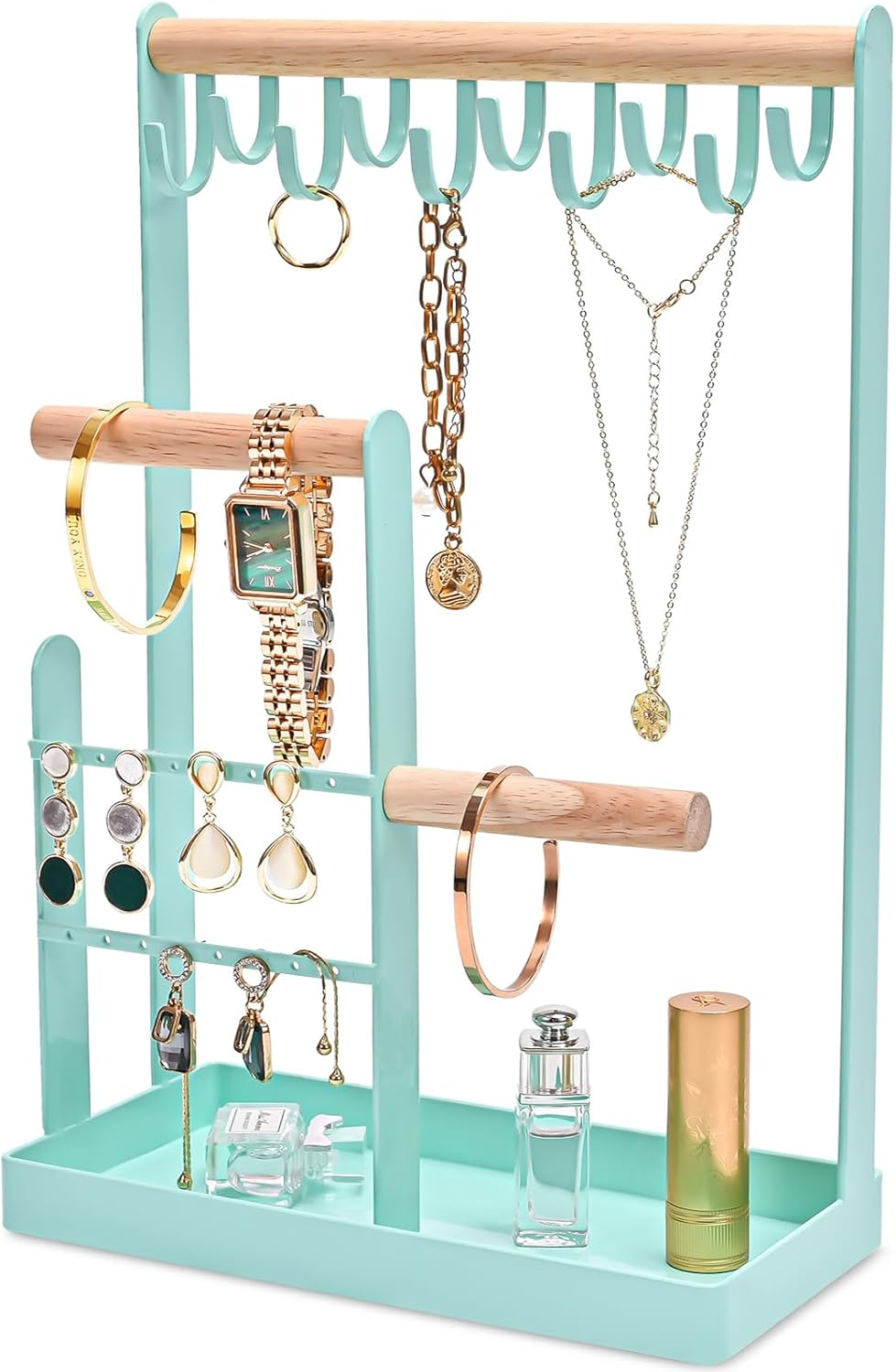 Jewelry Organizer Jewelry Stand Jewelry Holder Organizer, 4-Tier Necklace Organizer with Ring Tray, Small Cute Aesthetic Jewelry Tower Storage Rack Tree for Bracelets Earrings Rings -Aqua