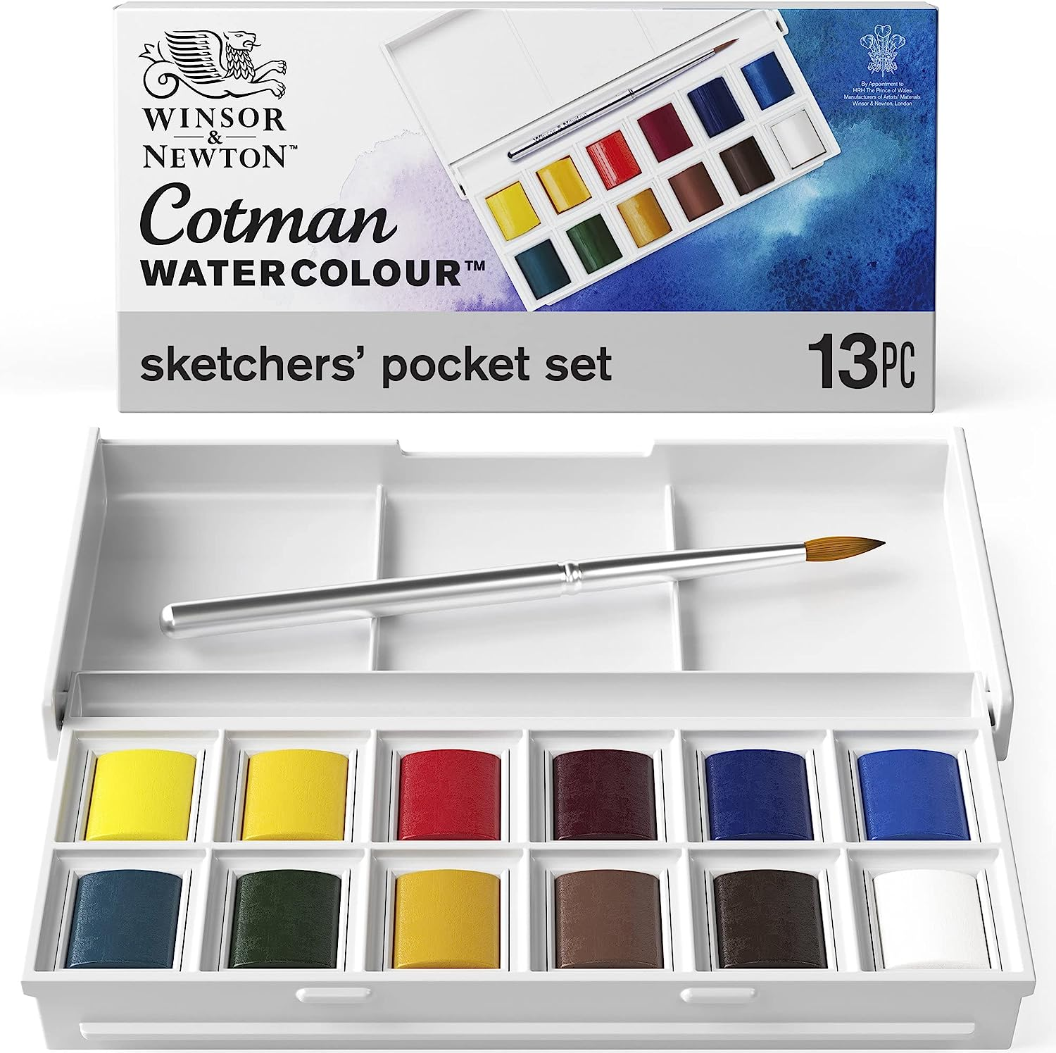 Winsor & Newton Cotman Watercolor Paint Set, Sketchers' Pocket Set, 12 Half Pan W/ Brush