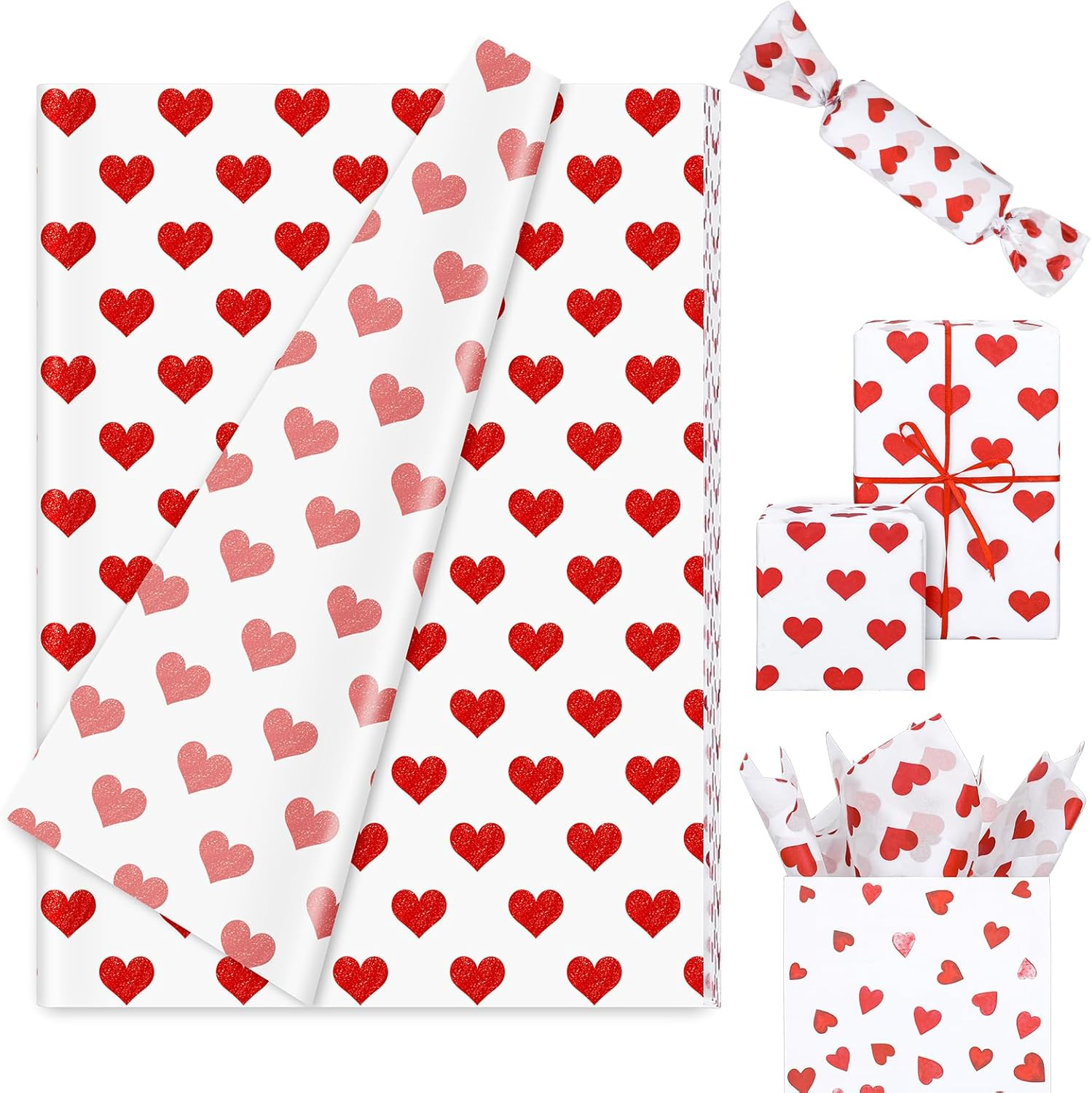 60 Sheets Valentine Heart Tissue Paper Foil Red Love Heart Gift Wrapping Paper for DIY Art Craft Wedding Anniversary Party Decor, 13.8 x 19.7 Inch