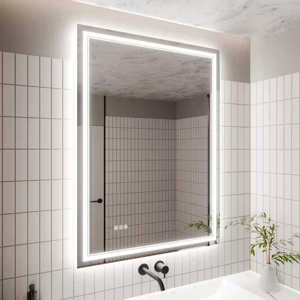 36 In. W X 48 In. H Rectangular Frameless Anti-Fog Wall Dimmable Backlit Dual LED Bathroom Vanity Mirror in Silver