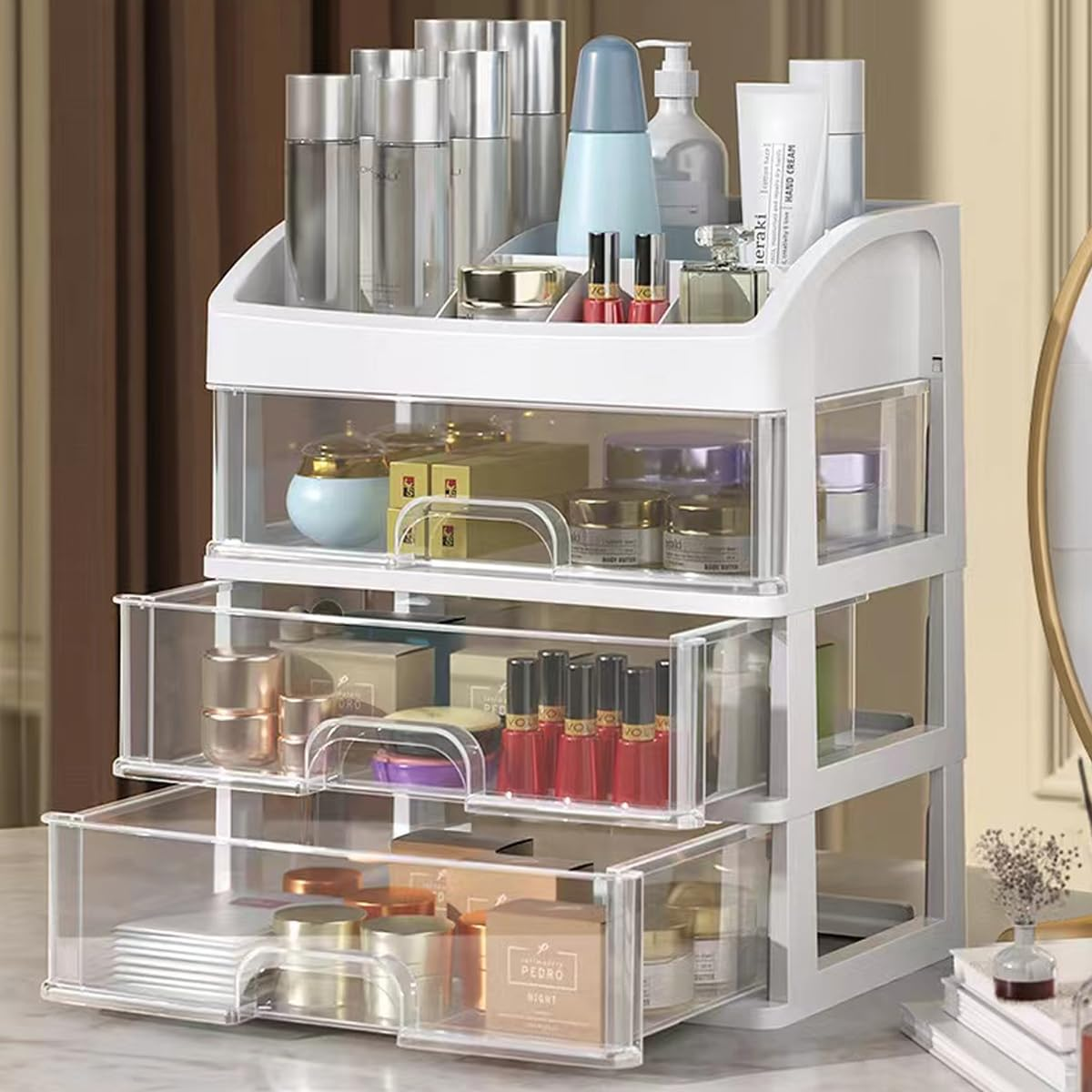 Makeup Organizer with 3 Drawers, Cosmetic Display Cases, Makeup Storage Box (3 Drawers) (White)