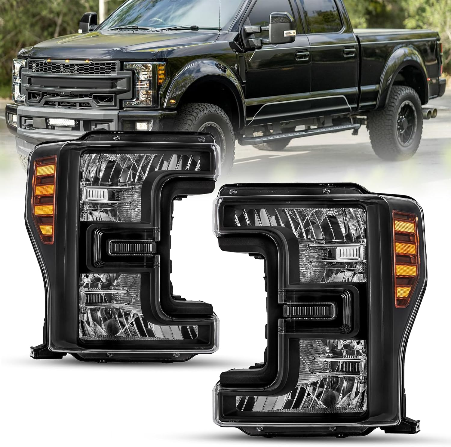 Headlight Assembly Halogen Model Compatible with 2017-2019 Ford F250 F350 F450 F550 Super Duty, Black Housing & Amber Reflector