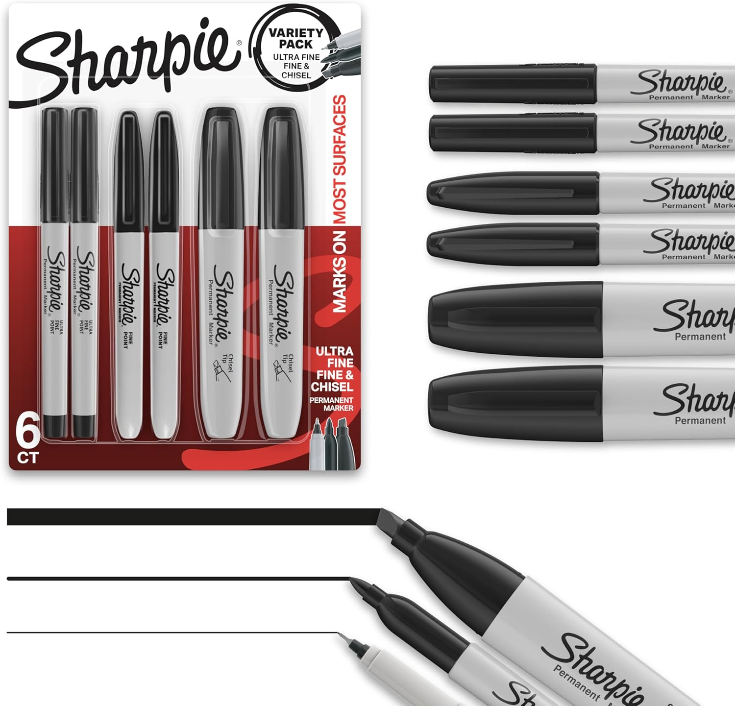 Permanent Markers Variety Pack Black Chisel Fine Ultra Fine Tips 6 Count