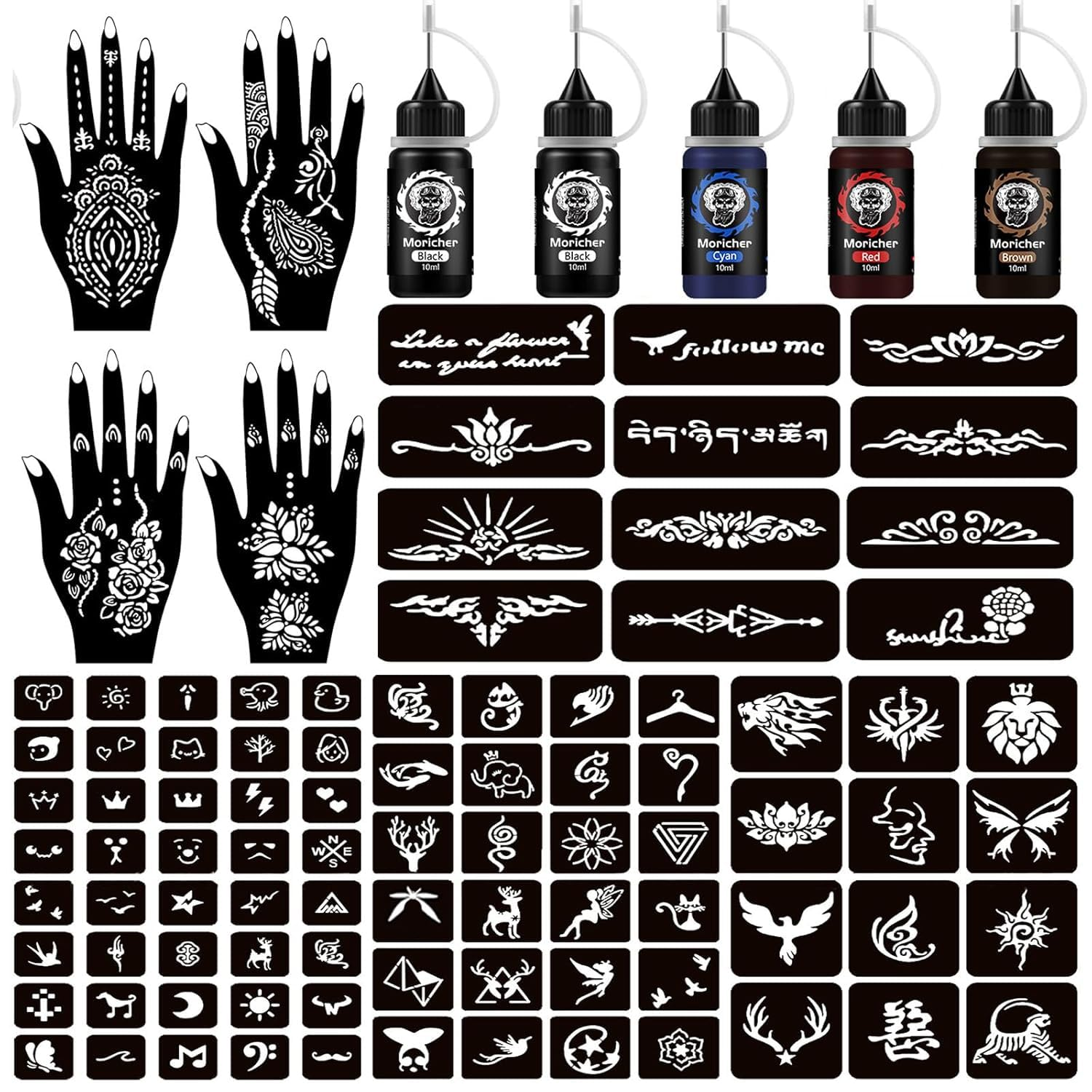 Moricher Henna Tattoo Kit Temporary Tattoo Kits 5 Cones 96 Stencils Gifts for DIY Art Party