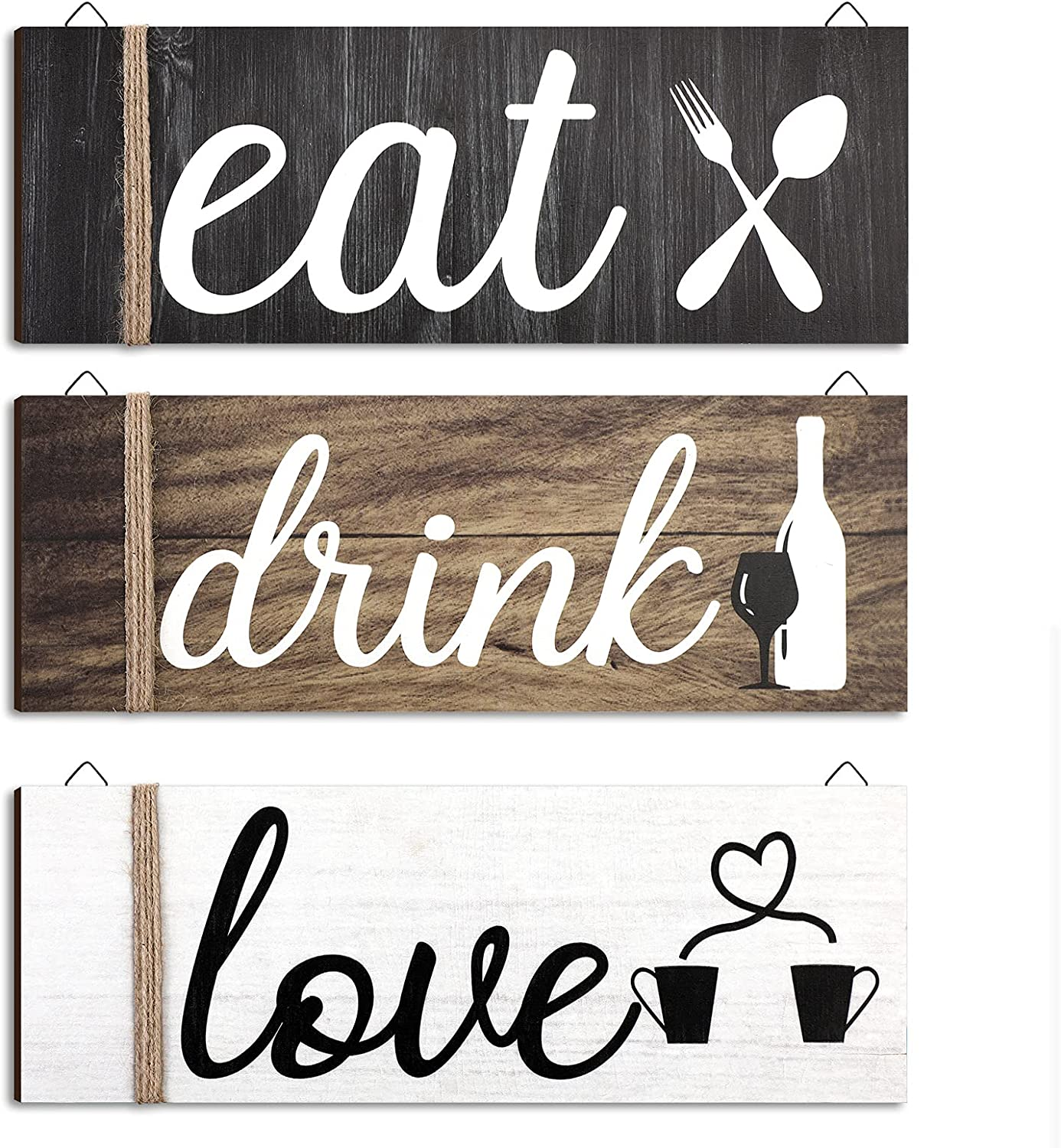3 Pcs Farmhouse Kitchen Wall Decor Rustic Wooden Home Eat Drink Love Sign with Hanging Hole for Home Dining Living Room Bar Cafe Decor(Vivid Color)