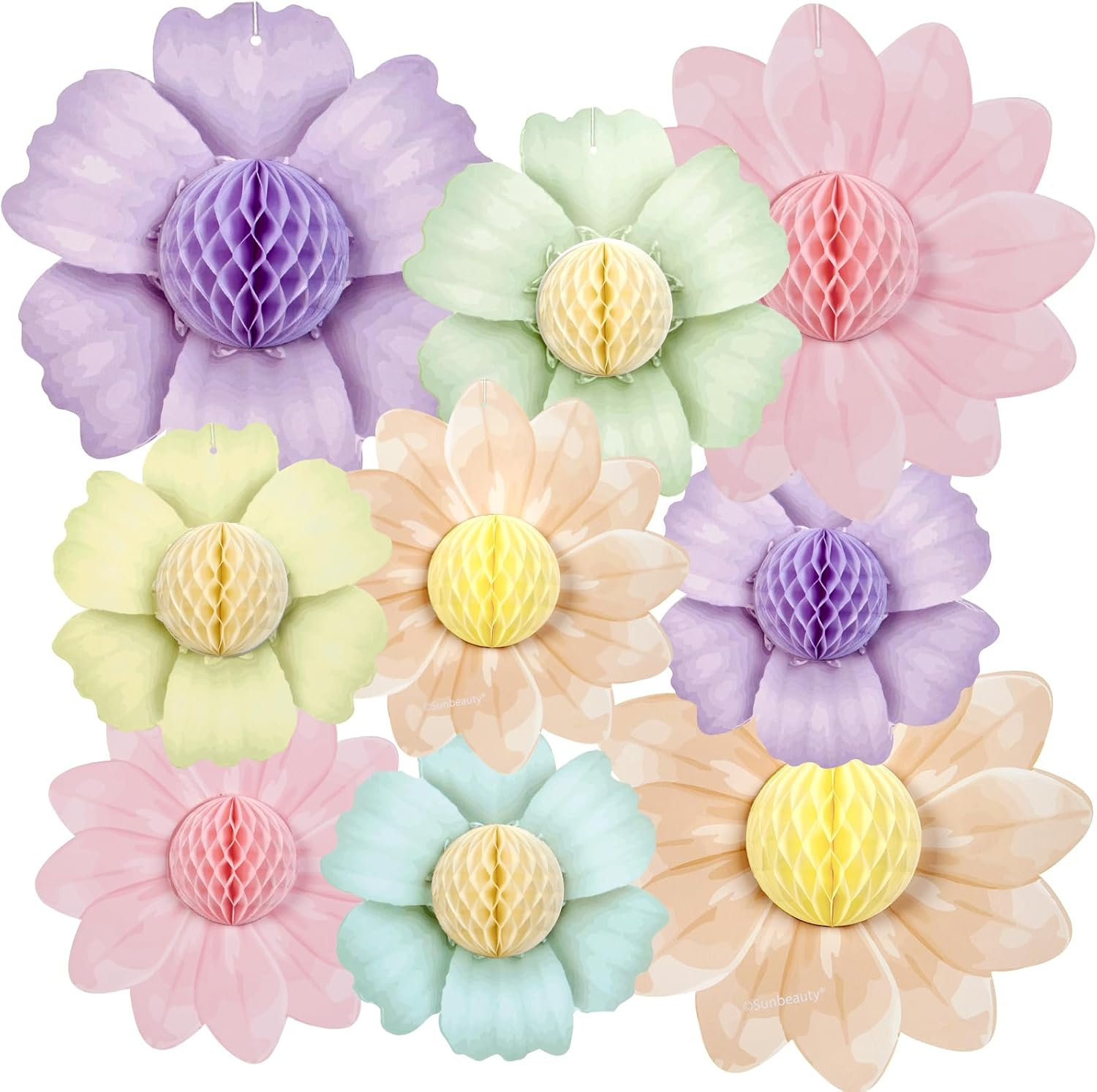 9 PCS Pastel Rainbow Party Decorations 10 Inch Giant Paper Flowers 3D Honeycomb for Party Pastel Hanging Flower Decorations for Girls Wall Birthday Wedding Backdrop Bridal Shower Classroom