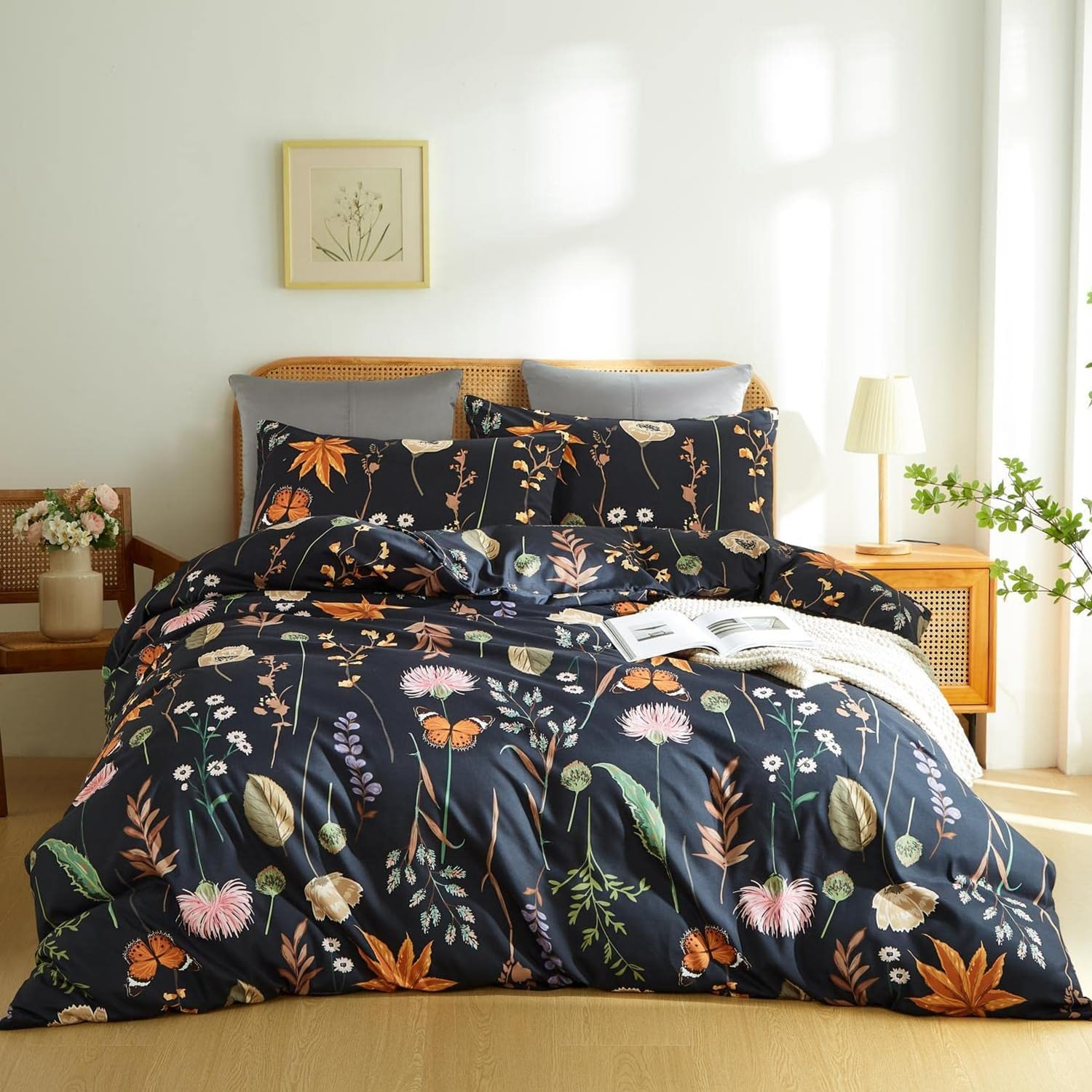 LINGYESO Queen Comforter Set - Red Grey Floral Leaves Design, Includes Comforter & 2 Pillowcases