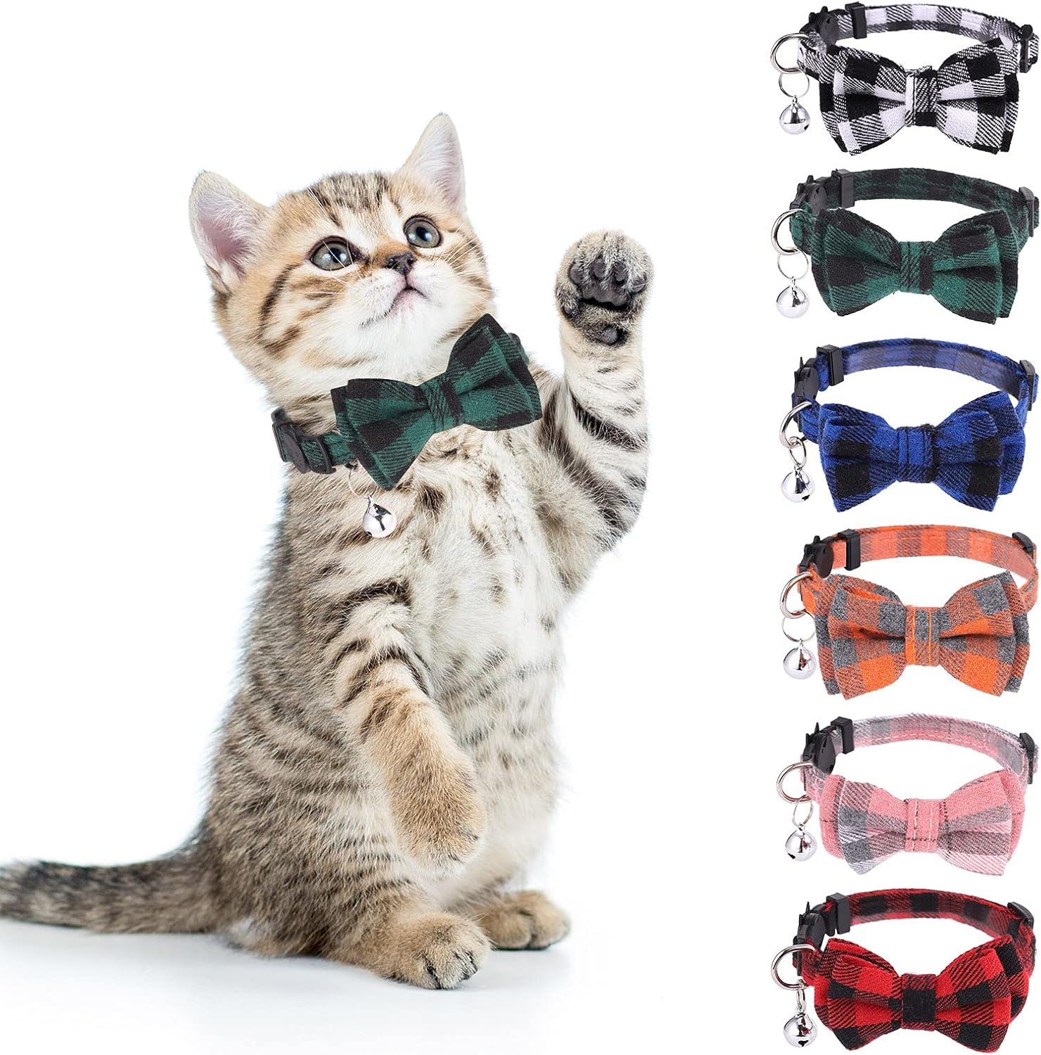 6 PCS Adjustable Cat Collars with Bow Tie & Bell, Plaid Breakaway Kit for Kittens