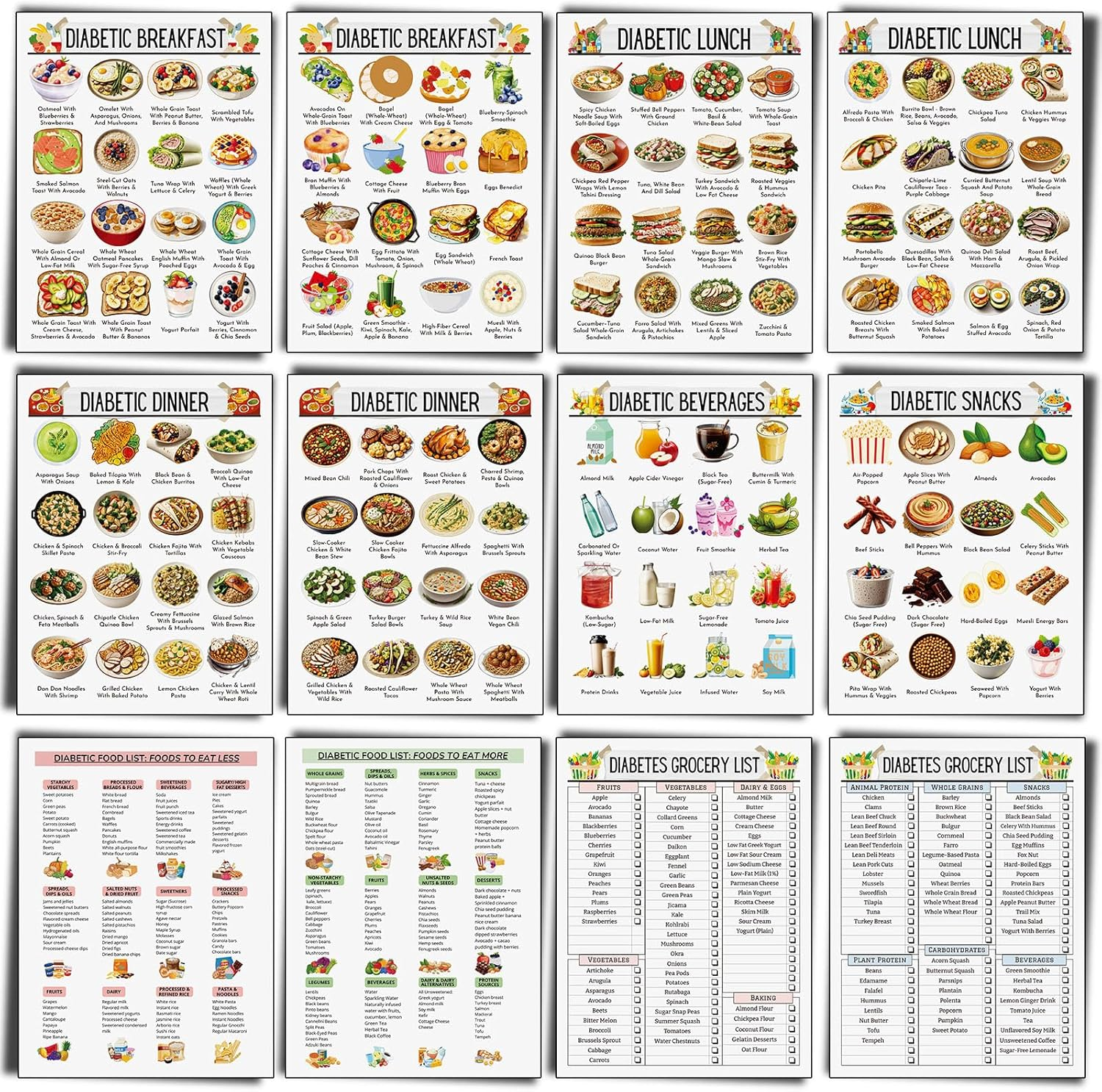 12 Pcs Diabetes Food List Diabetes Meal Chart Information Diet Plan, Low Carb Foods List for Blood Sugar Control