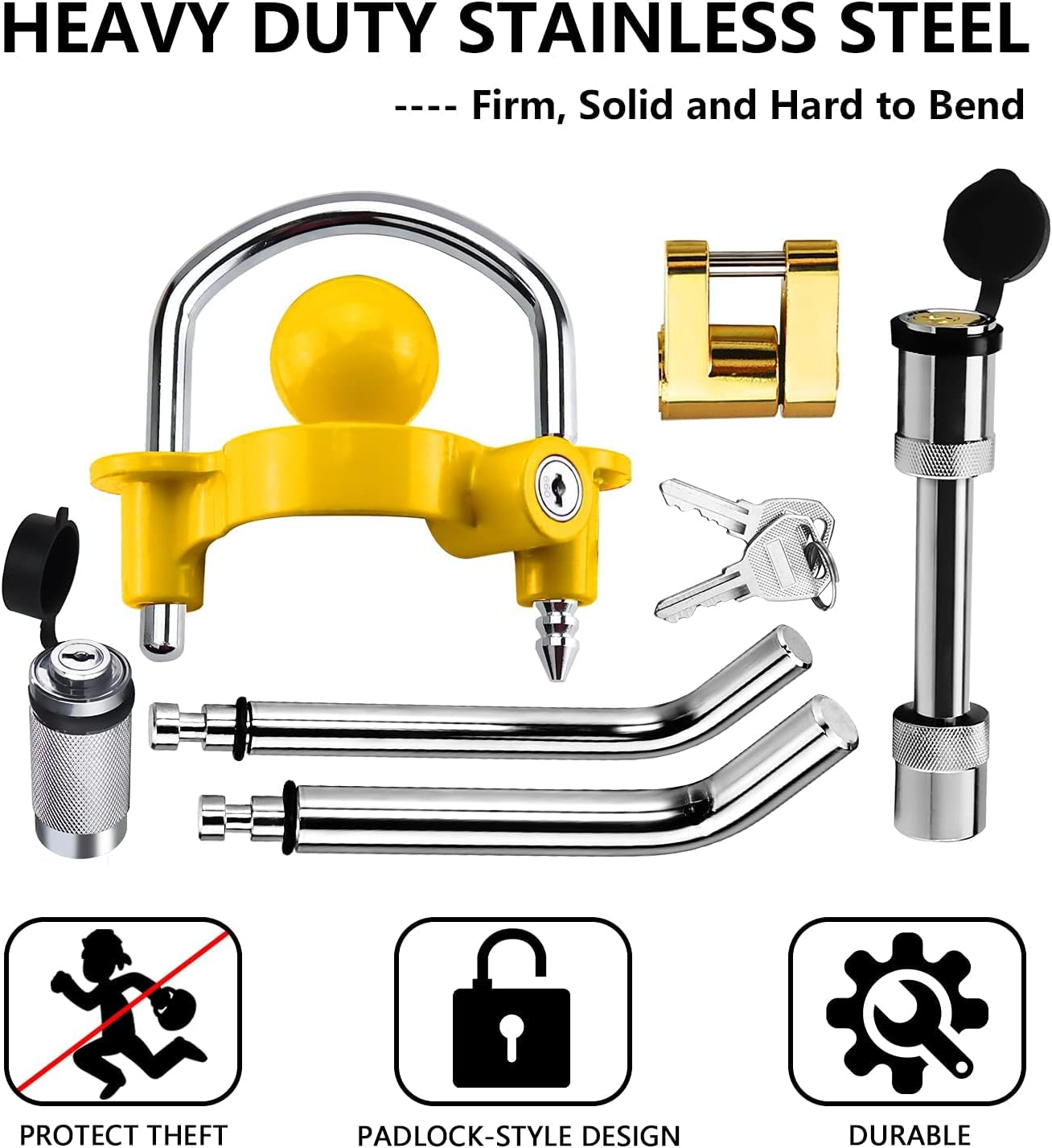 Yellow U-Shaped Universal Ball Trailer Hitch Security Lock Set 1/2