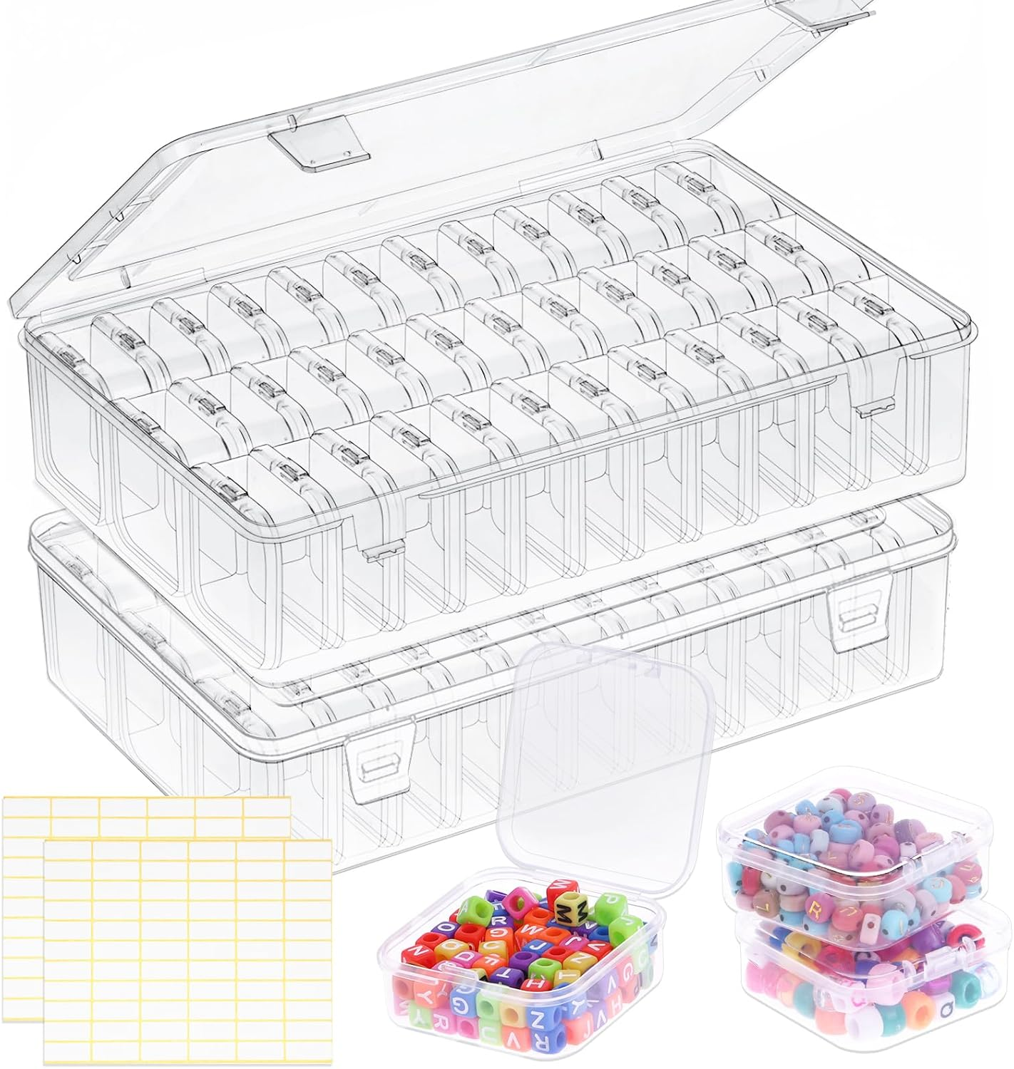 Bead Organizer Box, 72Pcs Small Clear Plastic Bead Storage, Mini Craft Storage Containers Boxes with Hinged Lid and Labels for Bracelets, Making DIY Jewelry Craft Nail, Screws, Seeds