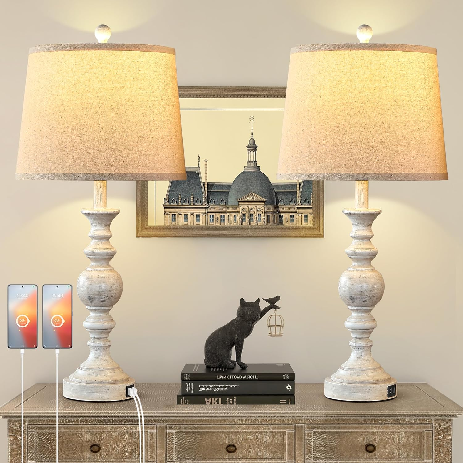 Farmhouse Lamp for Bedroom Set of 2, Rustic Table Lamp with Dual USB Charging Ports, 28